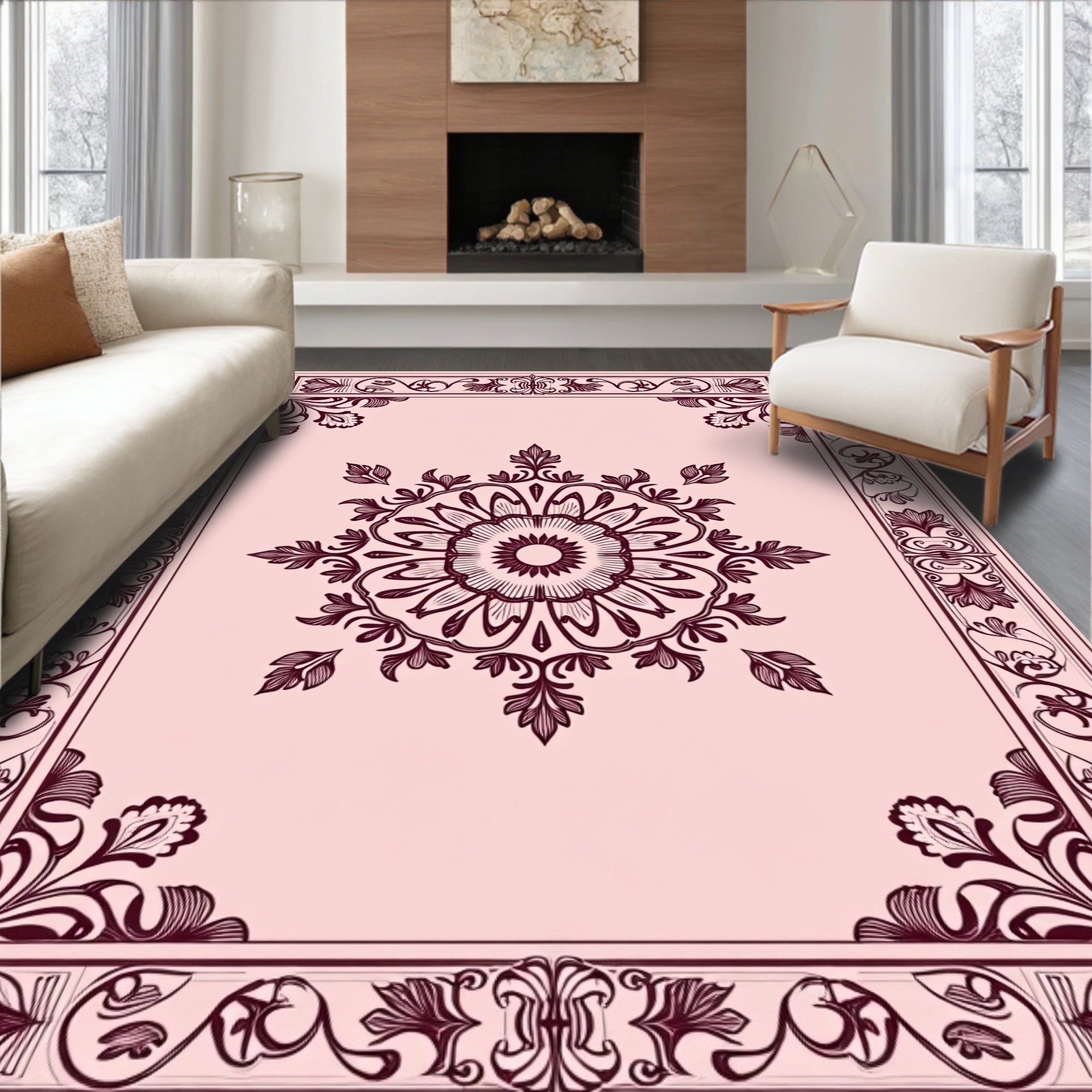 Ornate Floral Mandala Border Design Rug