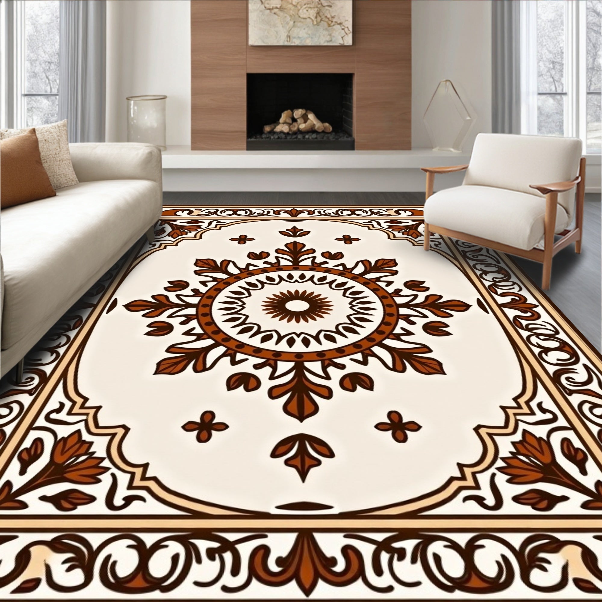 Ornate Brown Floral Medallion Rug