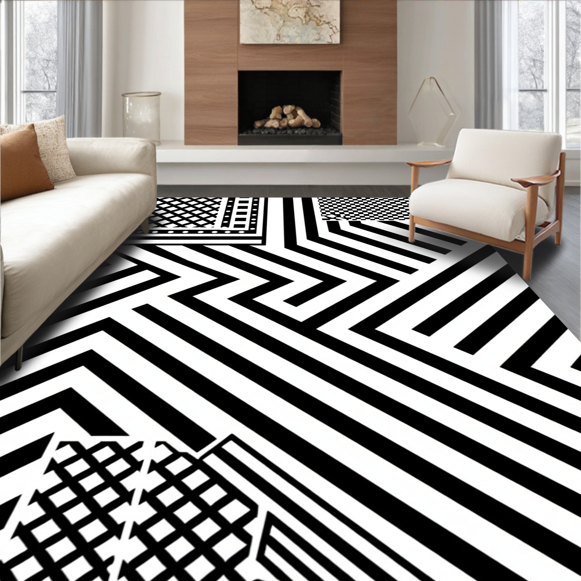 Bold Geometric Diagonal Black White Design Rug
