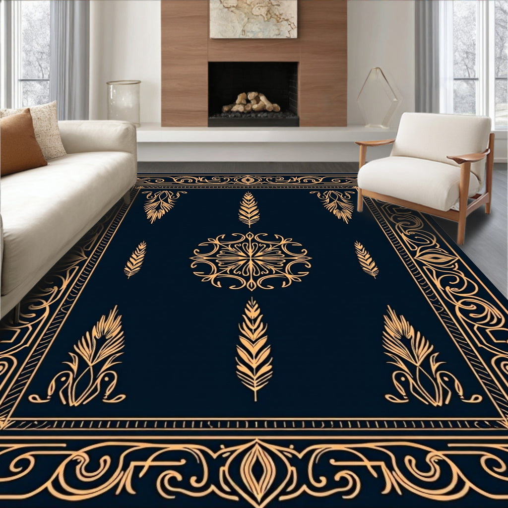 Ornate Gold Feather Mandala Pattern Rug