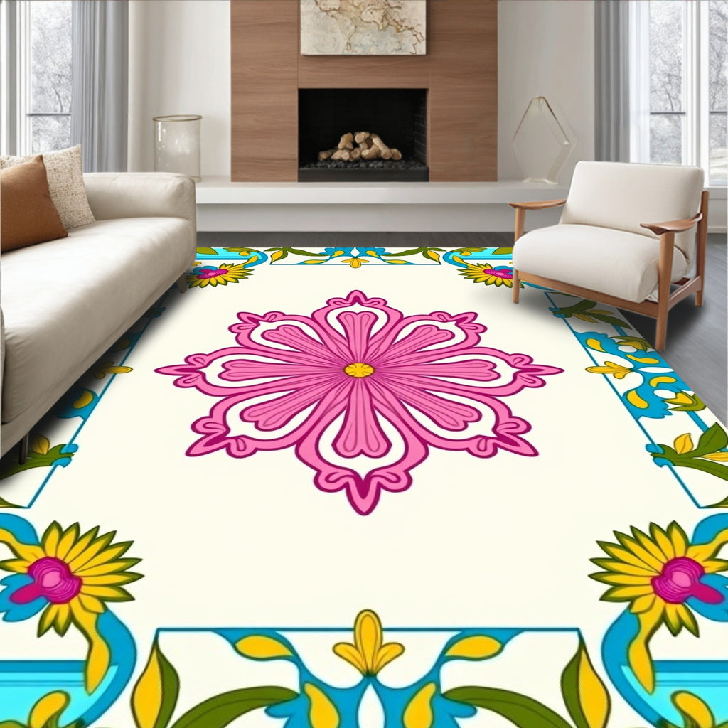 Ornate Floral Frame With Pink Centerpiece Rug