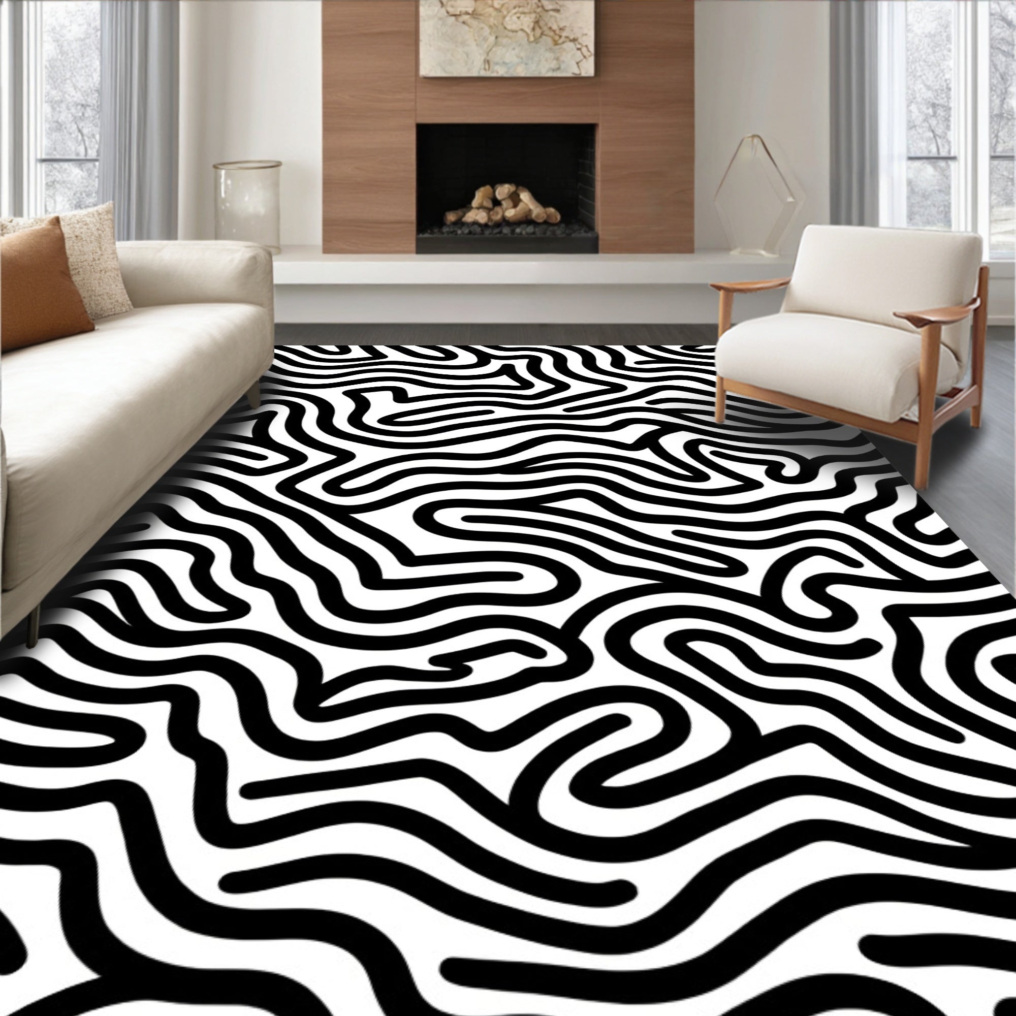 Abstract Black White Winding Lines Rug