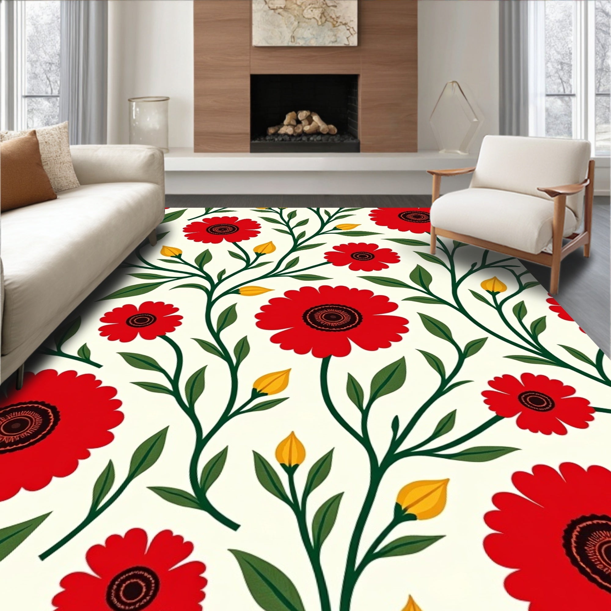 Bold Red Floral Vine Pattern Rug