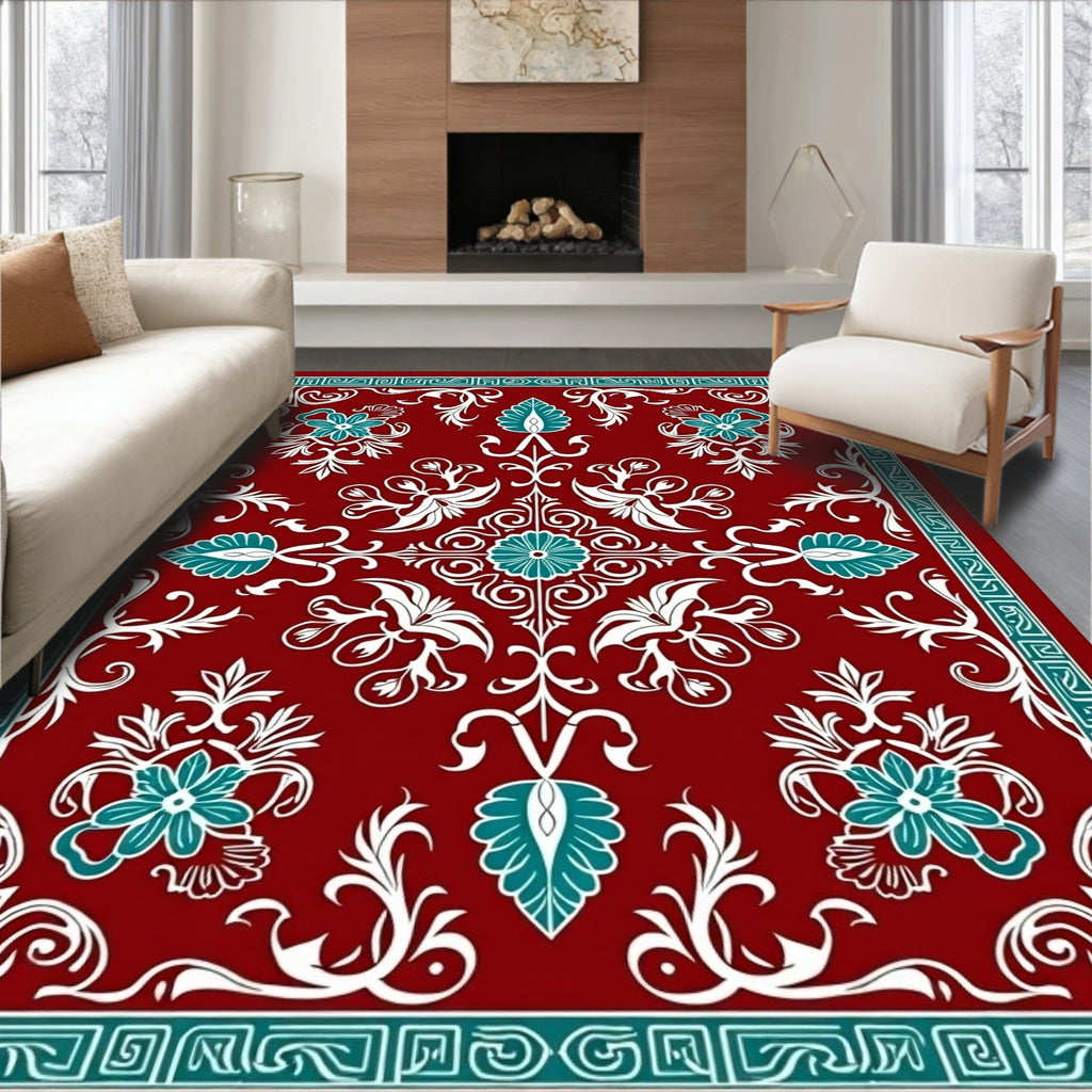 Ornate Floral Red Teal Design Rug