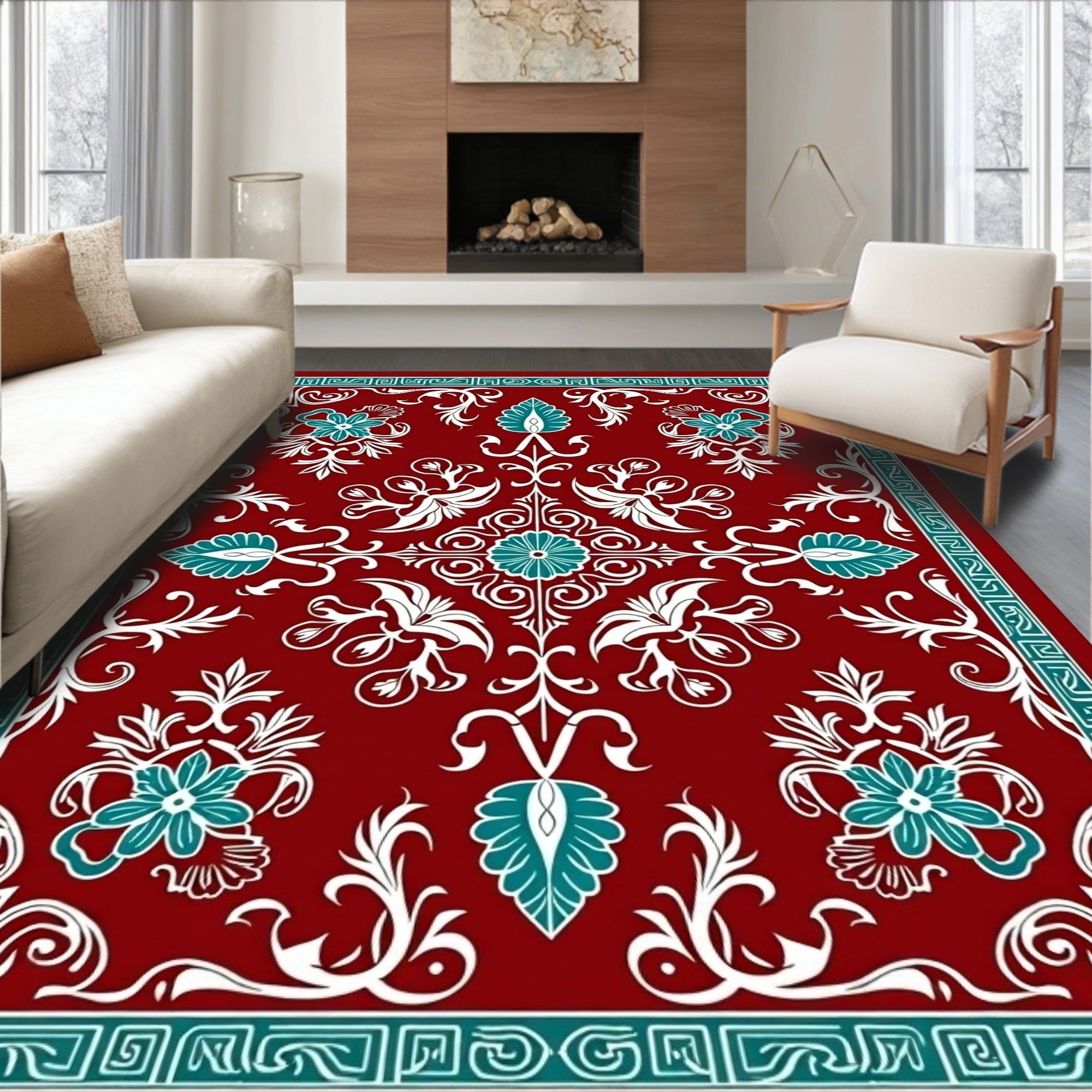 Ornate Floral Red Teal Design Rug