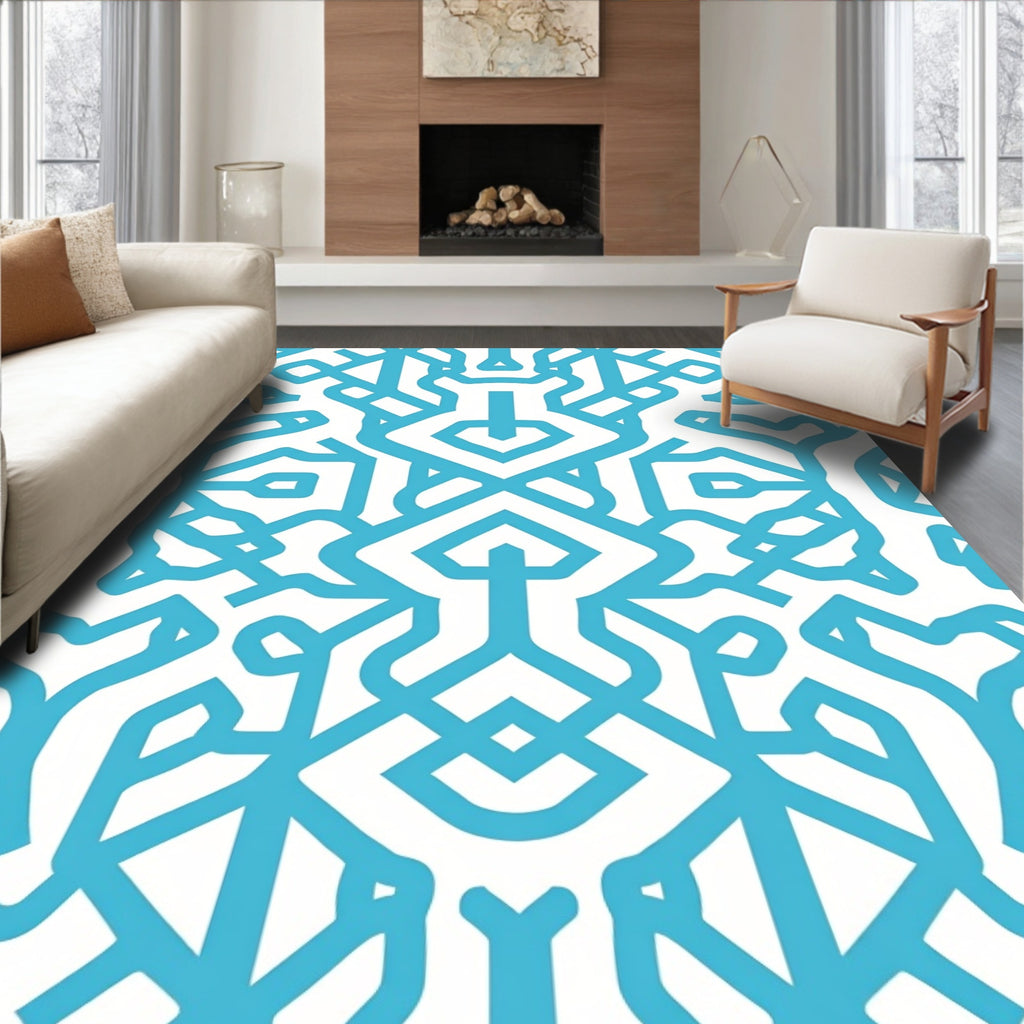 Blue Geometric Maze Pattern Rug