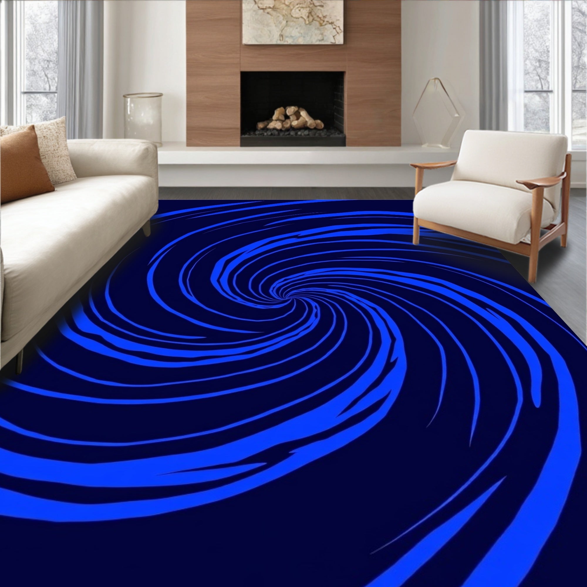 Dark Blue Swirling Spiral Design Rug