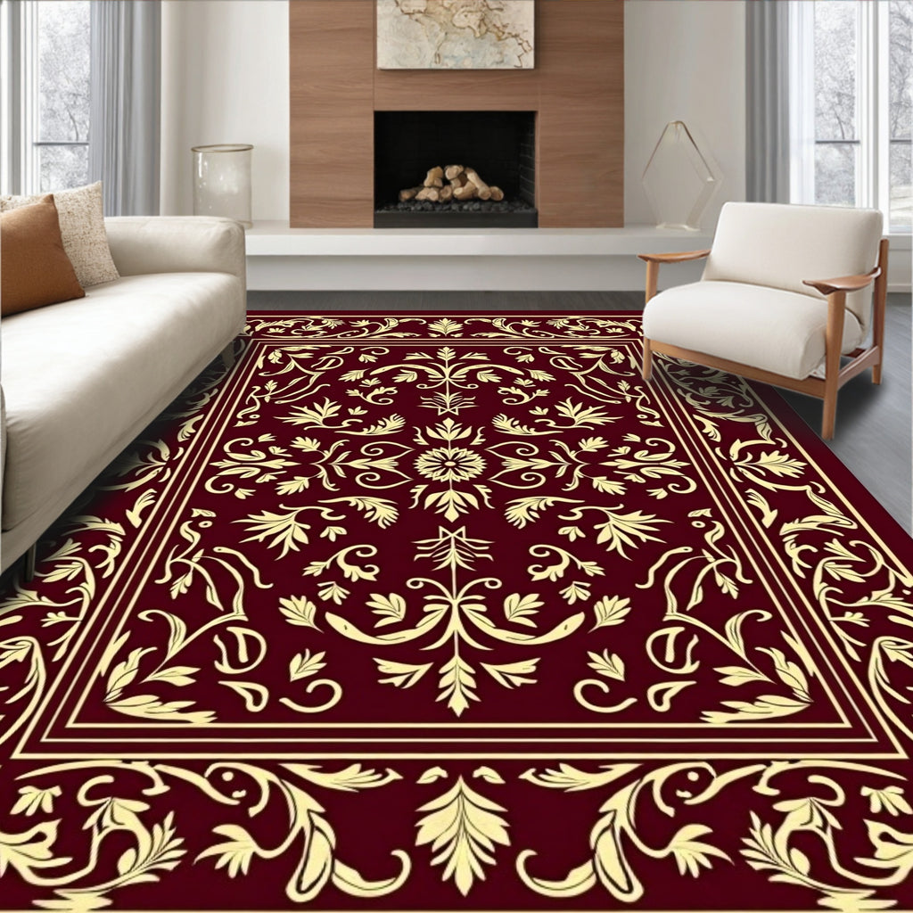 Elegant Floral Bordered Burgundy Design Rug