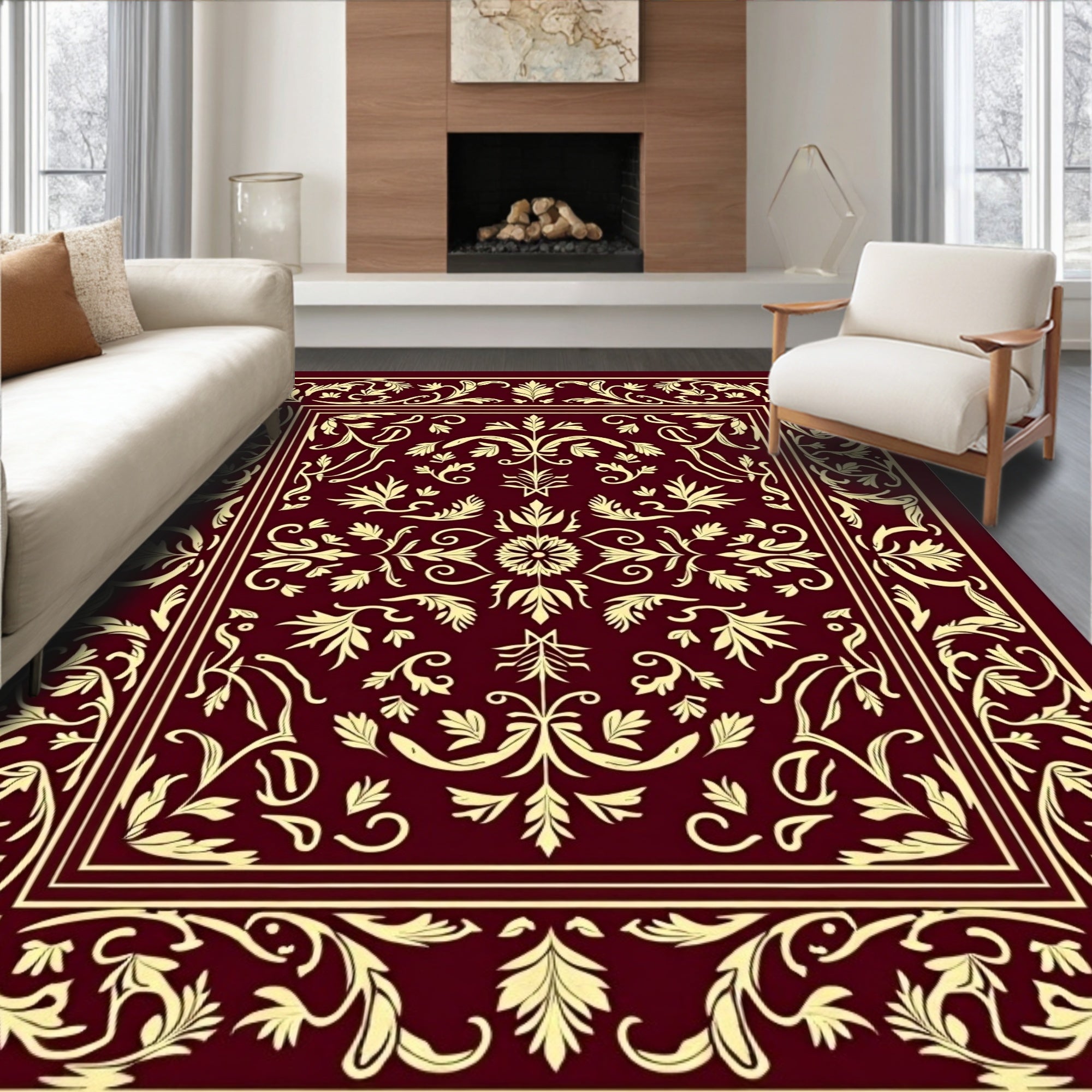 Elegant Floral Bordered Burgundy Design Rug