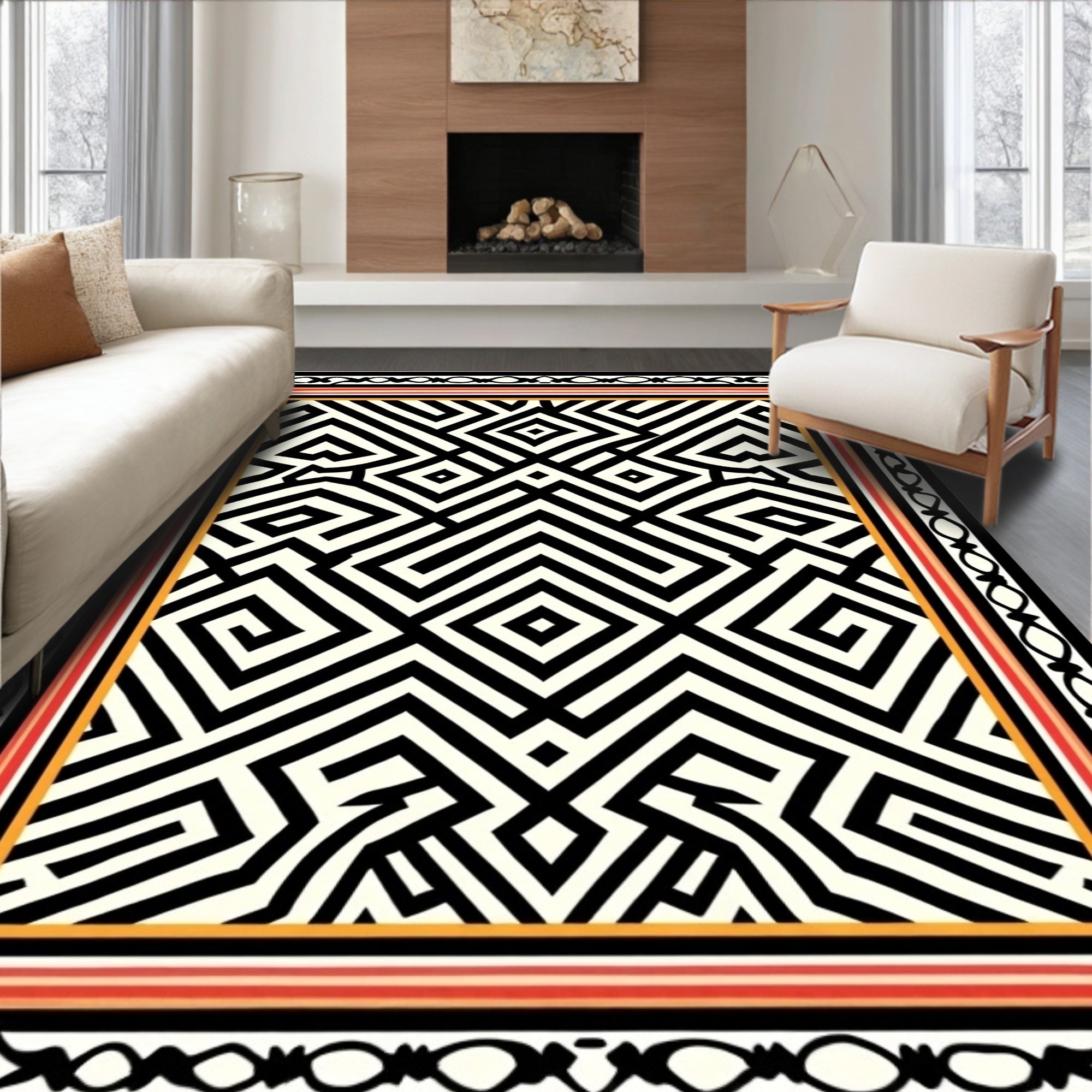 Bold Black White Geometric Maze Pattern Rug