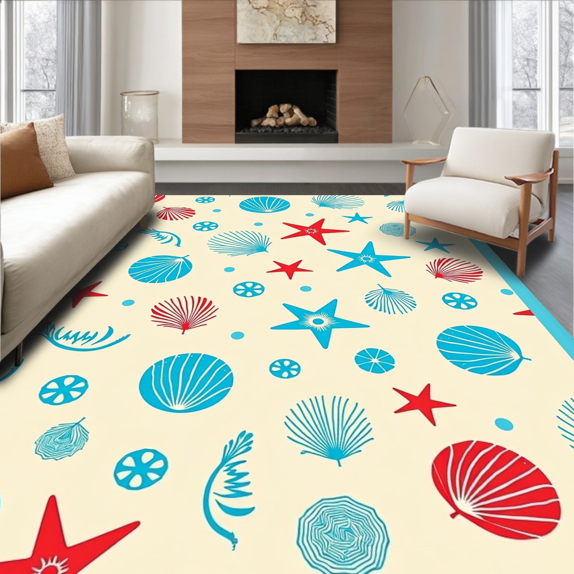 Coastal Starfish Shells Pattern Rug