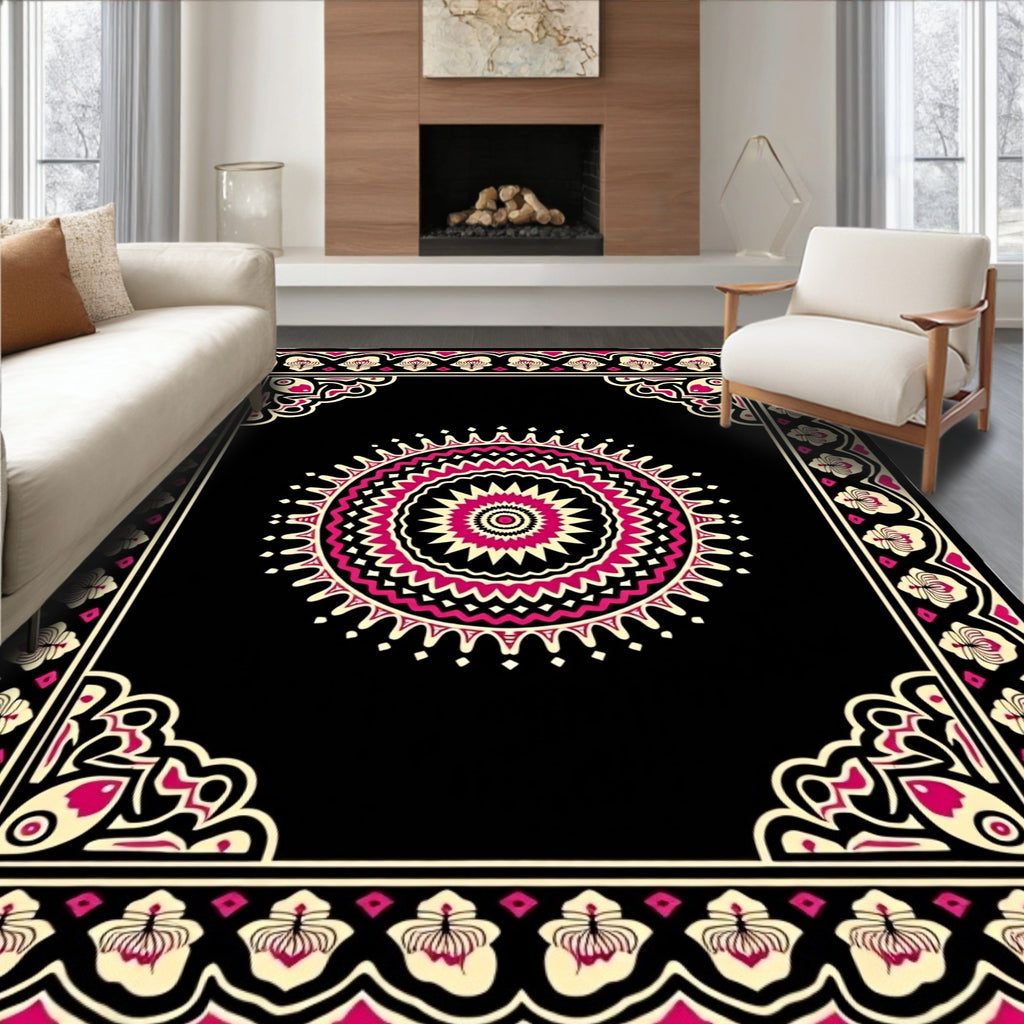 Crimson Black Floral Medallion Frame Rug