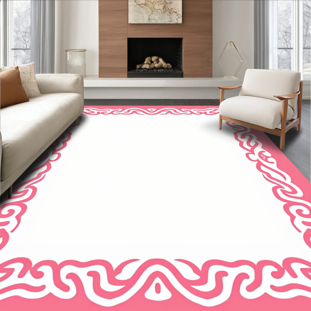 Pink White Ornate Swirl Border Rug