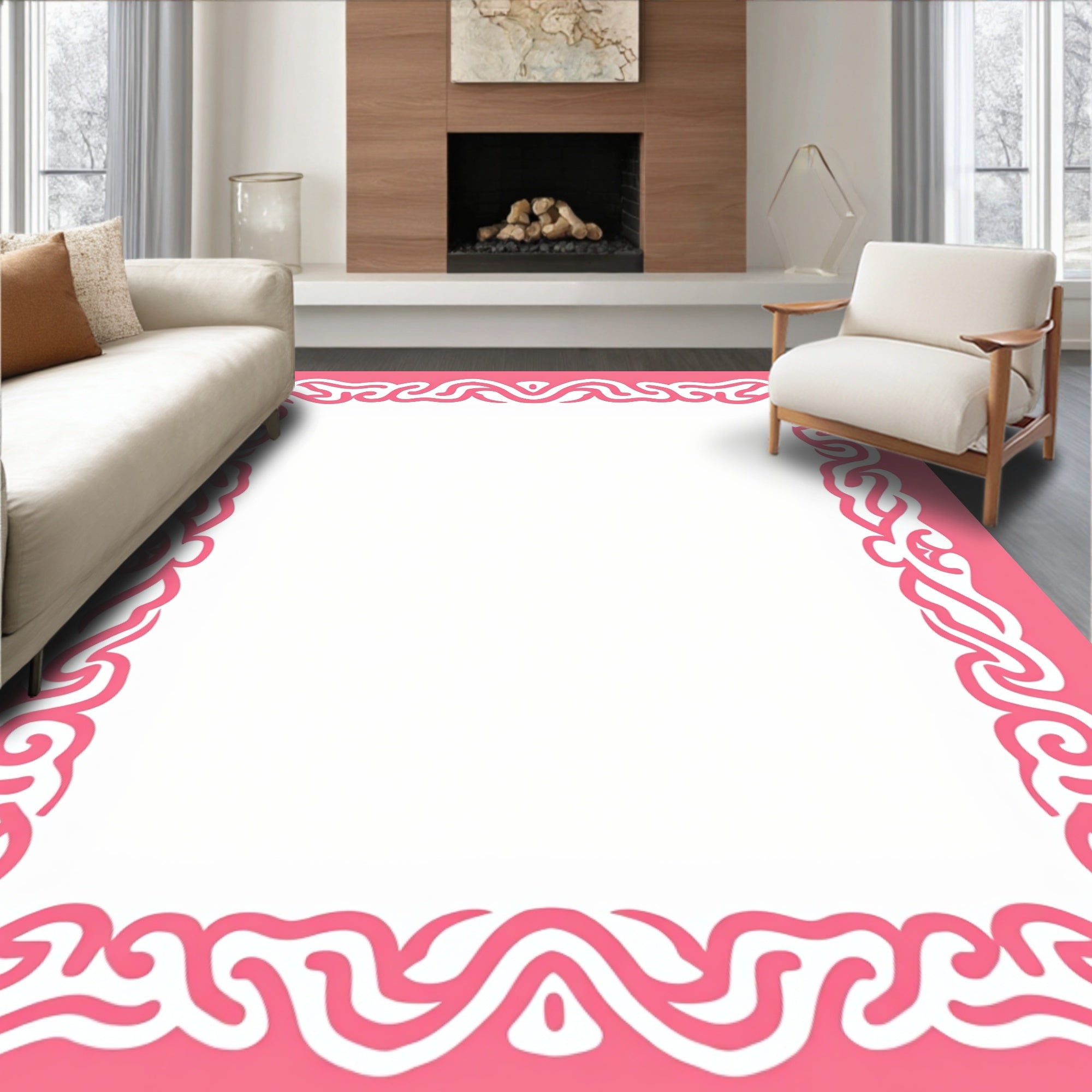 Pink White Ornate Swirl Border Rug