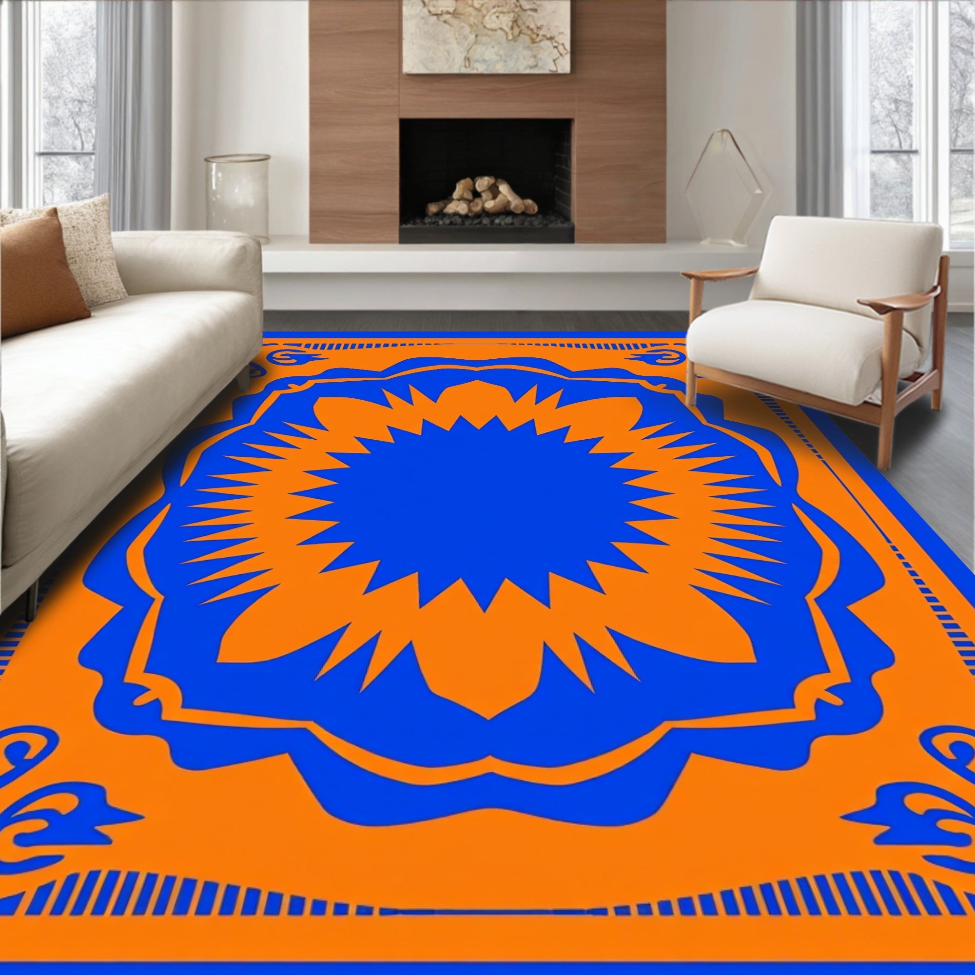 Bold Orange And Blue Sunburst Design Rug