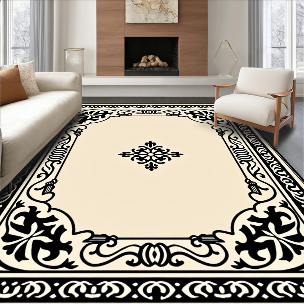 Ornate Black Floral Scrollwork Design Rug
