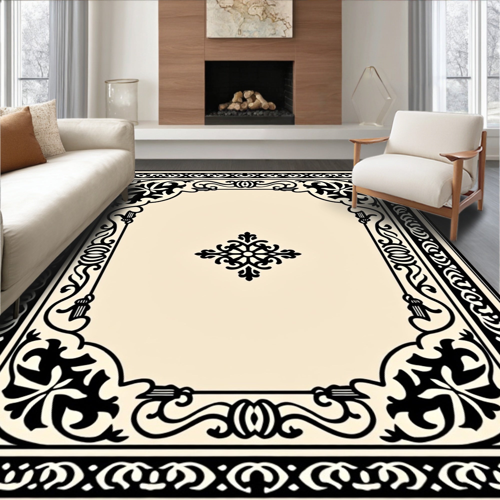 Ornate Black Floral Scrollwork Design Rug