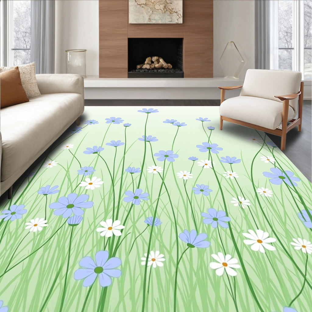 Light Blue White Floral Meadow Design Rug
