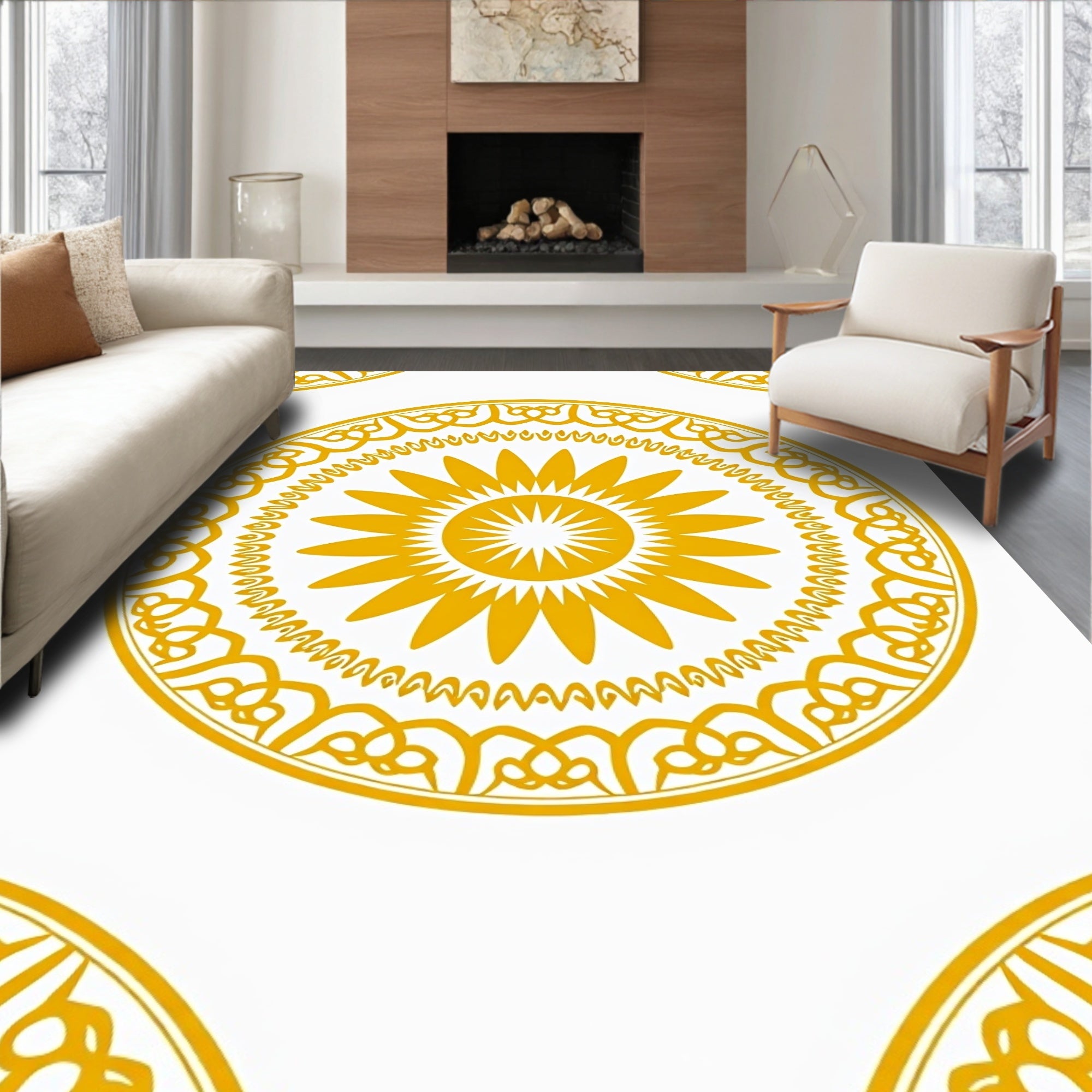 Golden Yellow Sunburst Mandala Pattern Rug