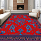 Vibrant Red Blue Floral Medallion Pattern Rug