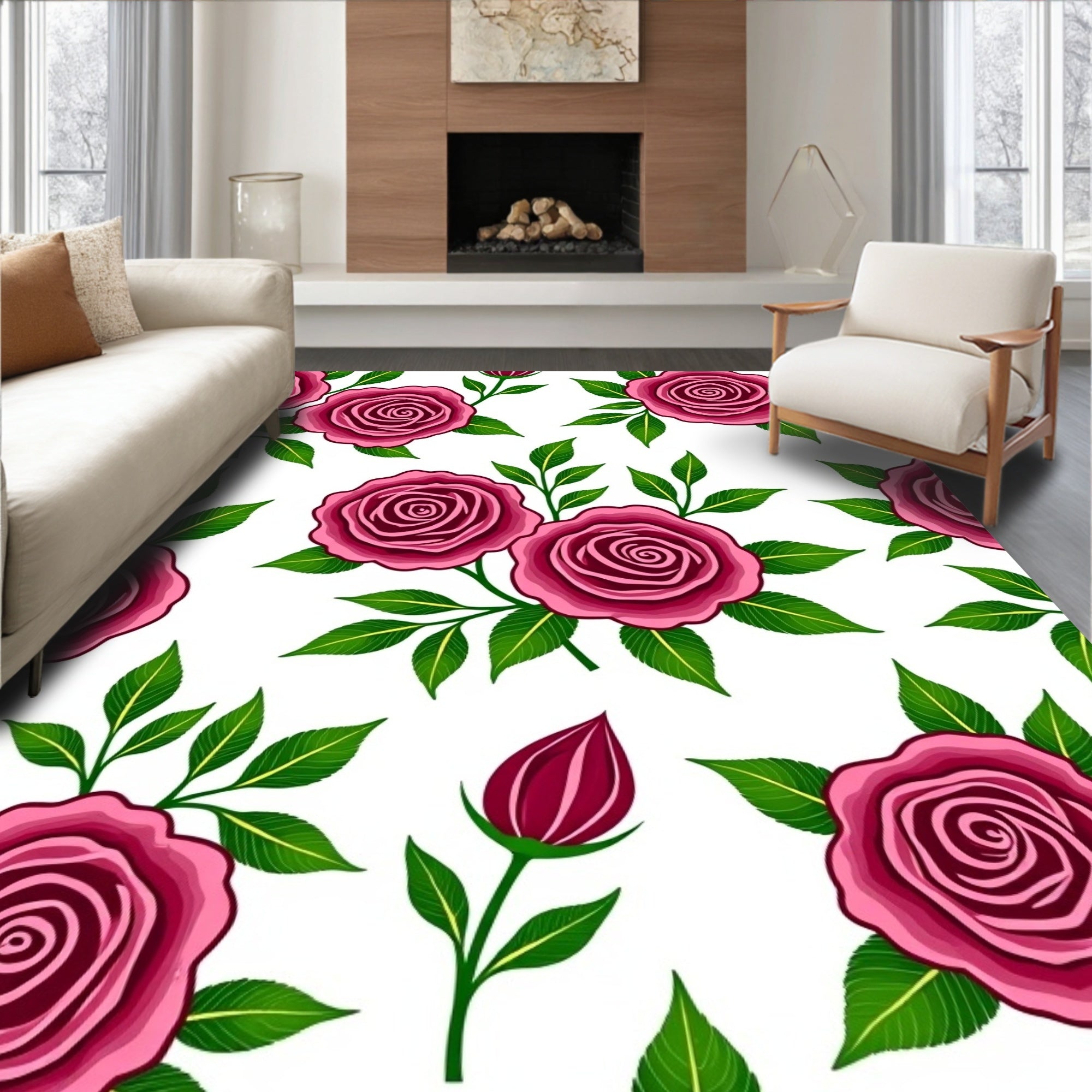 Rich Pink Rose Bud Garden Bouquet Rug