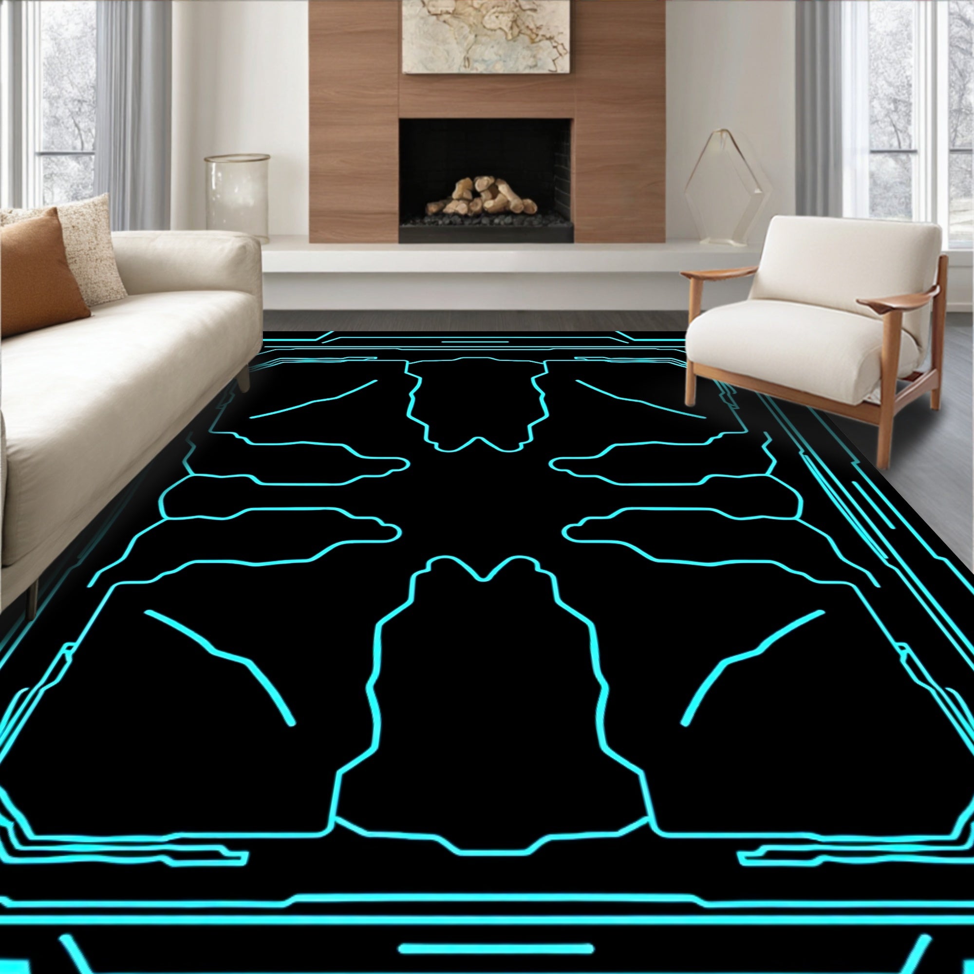 Cyberpunk Neon Circuit Pattern Rug