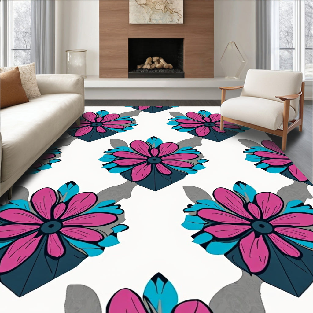 Bold Pink Teal Floral Pattern Rug