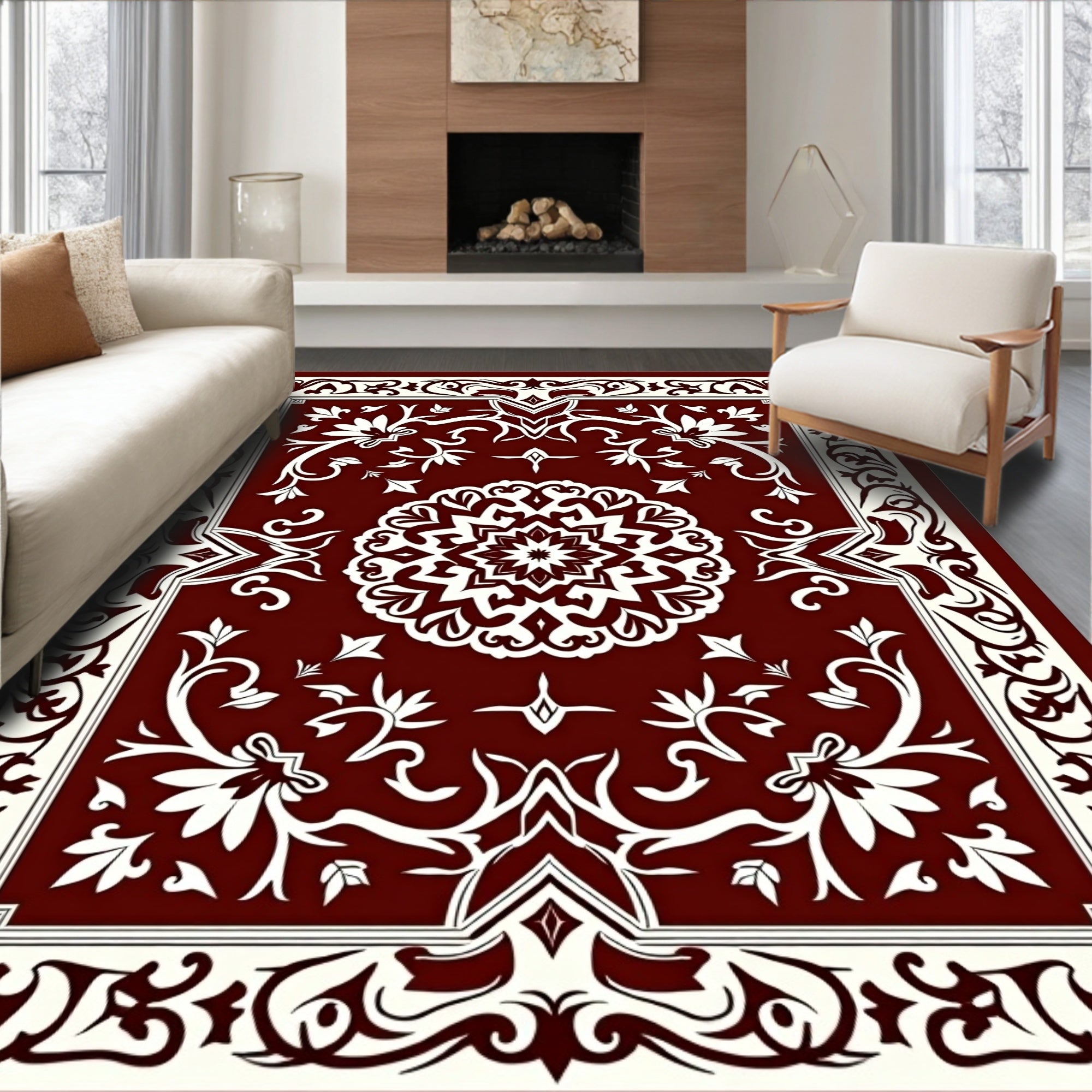 Deep Red Mandala Floral Border Design Rug