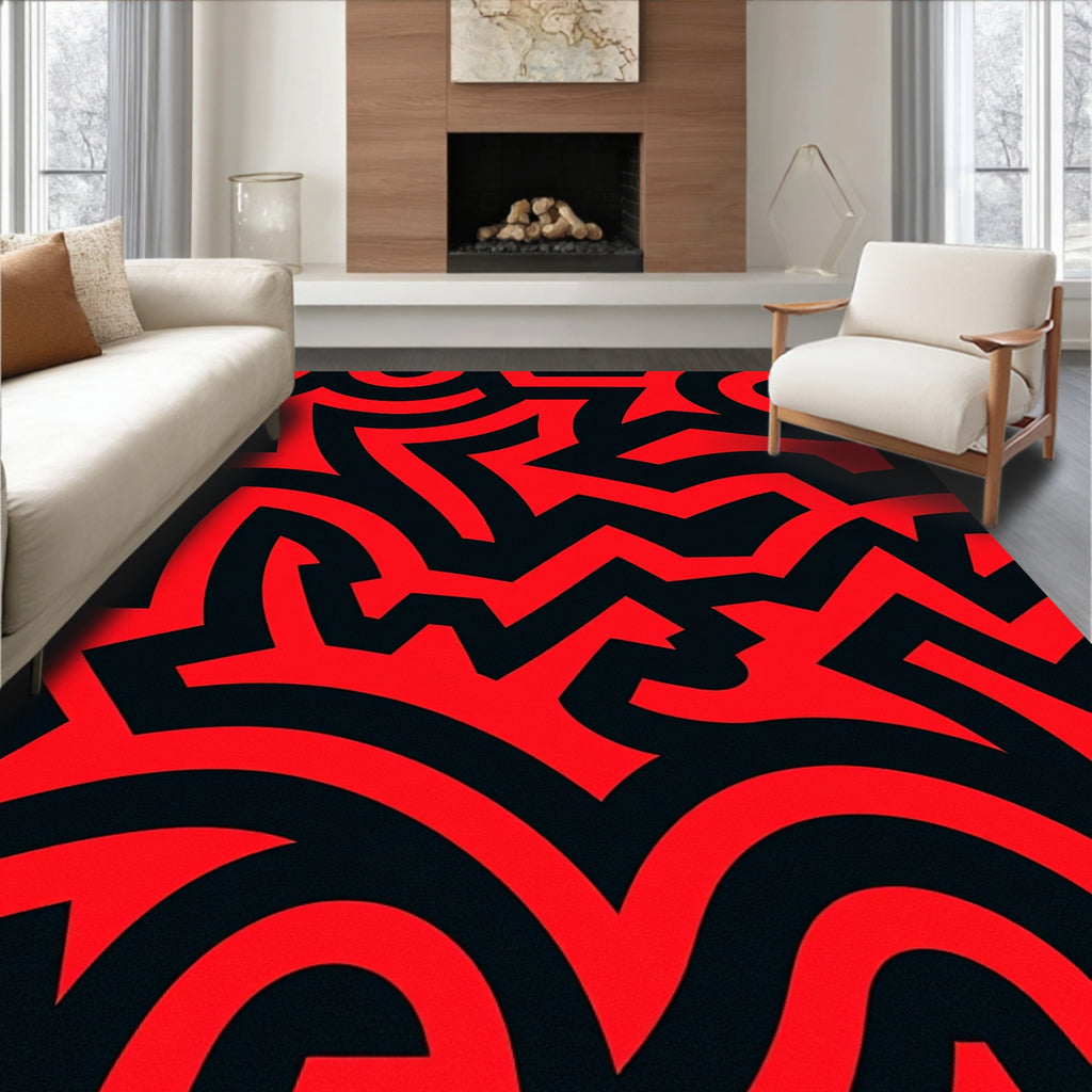 Abstract Red Black Maze Pattern Rug