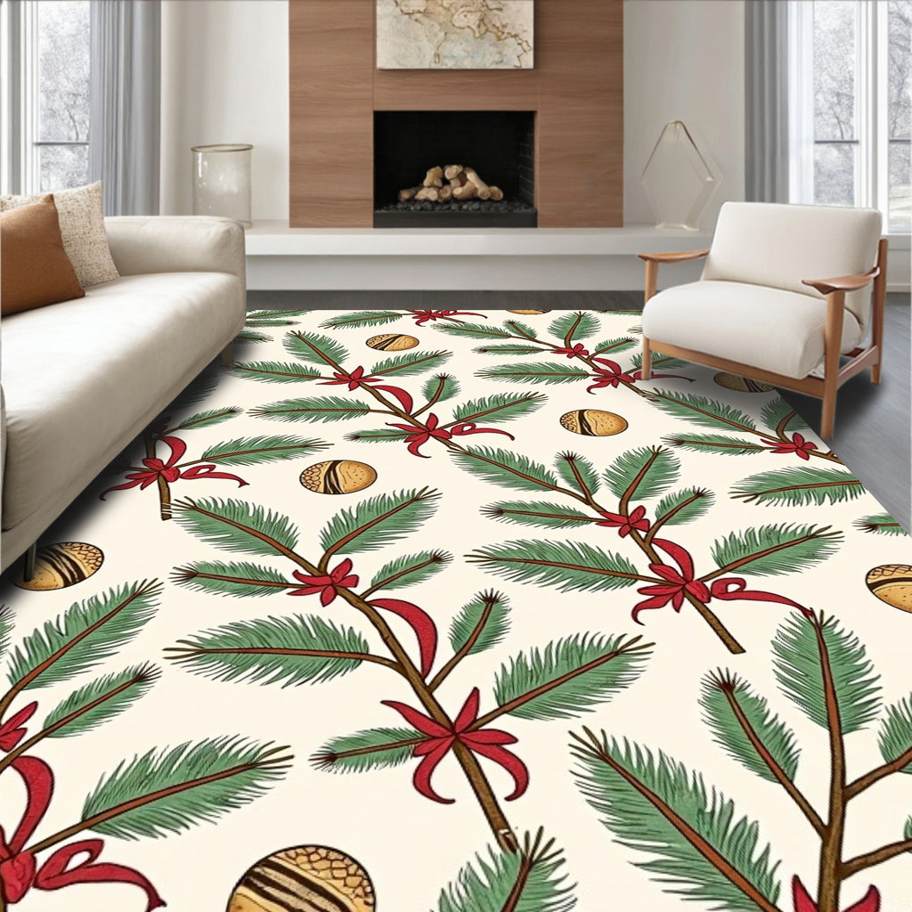 Green Pine Boughs Red Bows Orbs Rug