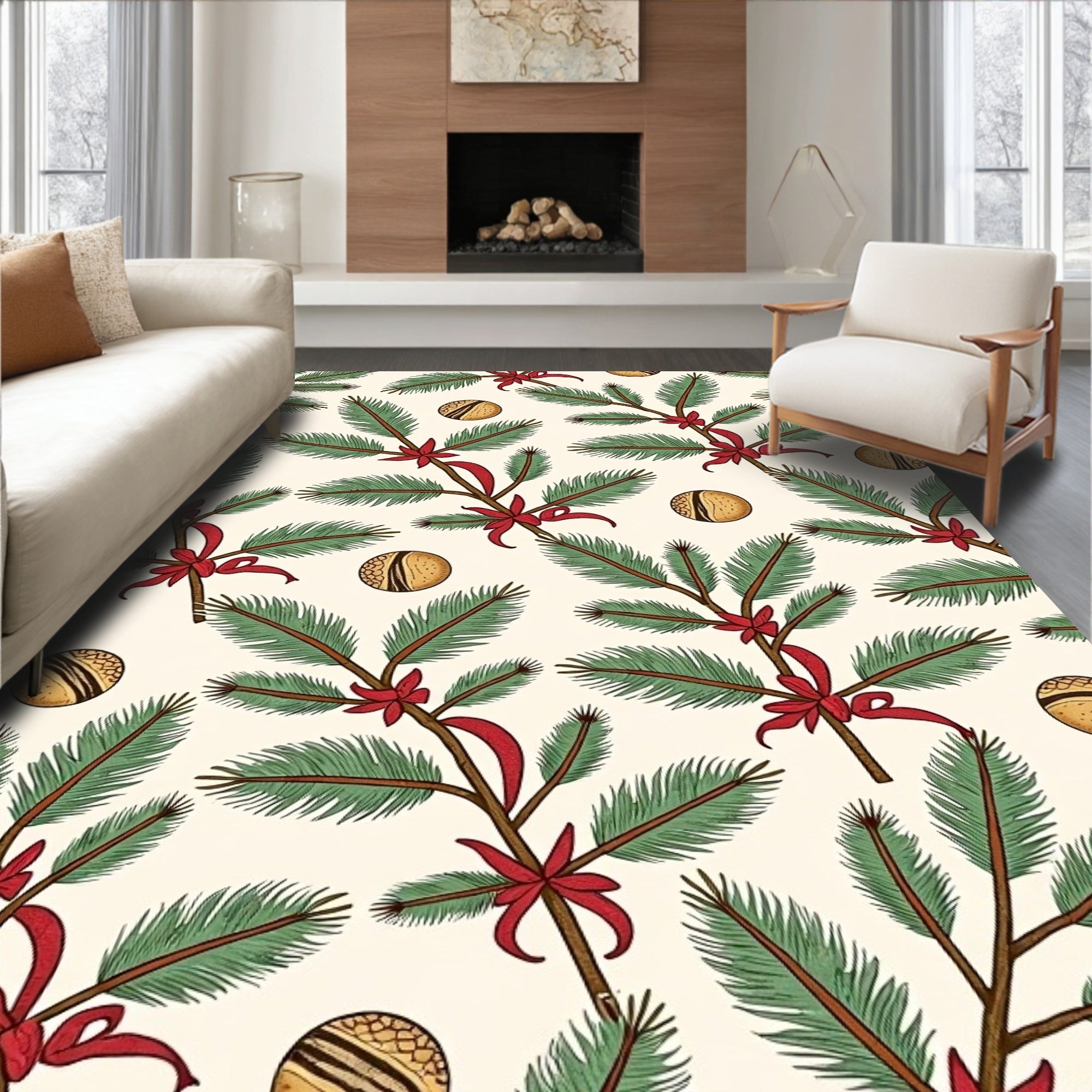 Green Pine Boughs Red Bows Orbs Rug