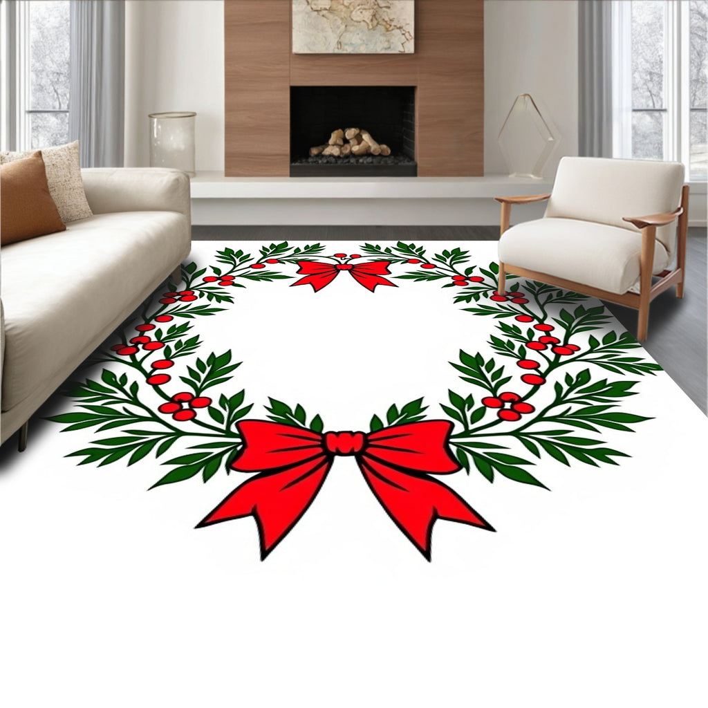 Festive Green Holly Red Berry Bow Wreath Rug