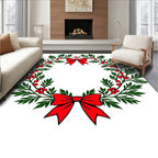 Festive Green Holly Red Berry Bow Wreath Rug