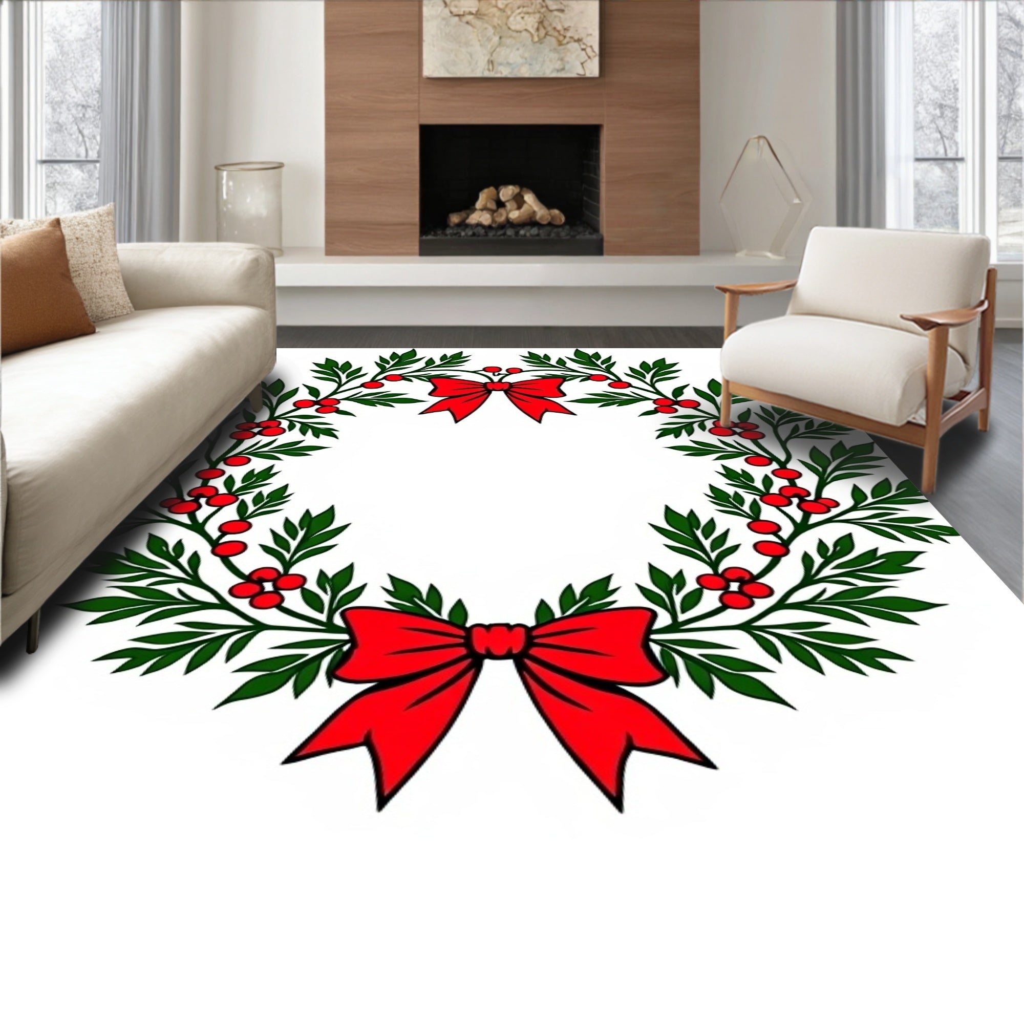 Festive Green Holly Red Berry Bow Wreath Rug