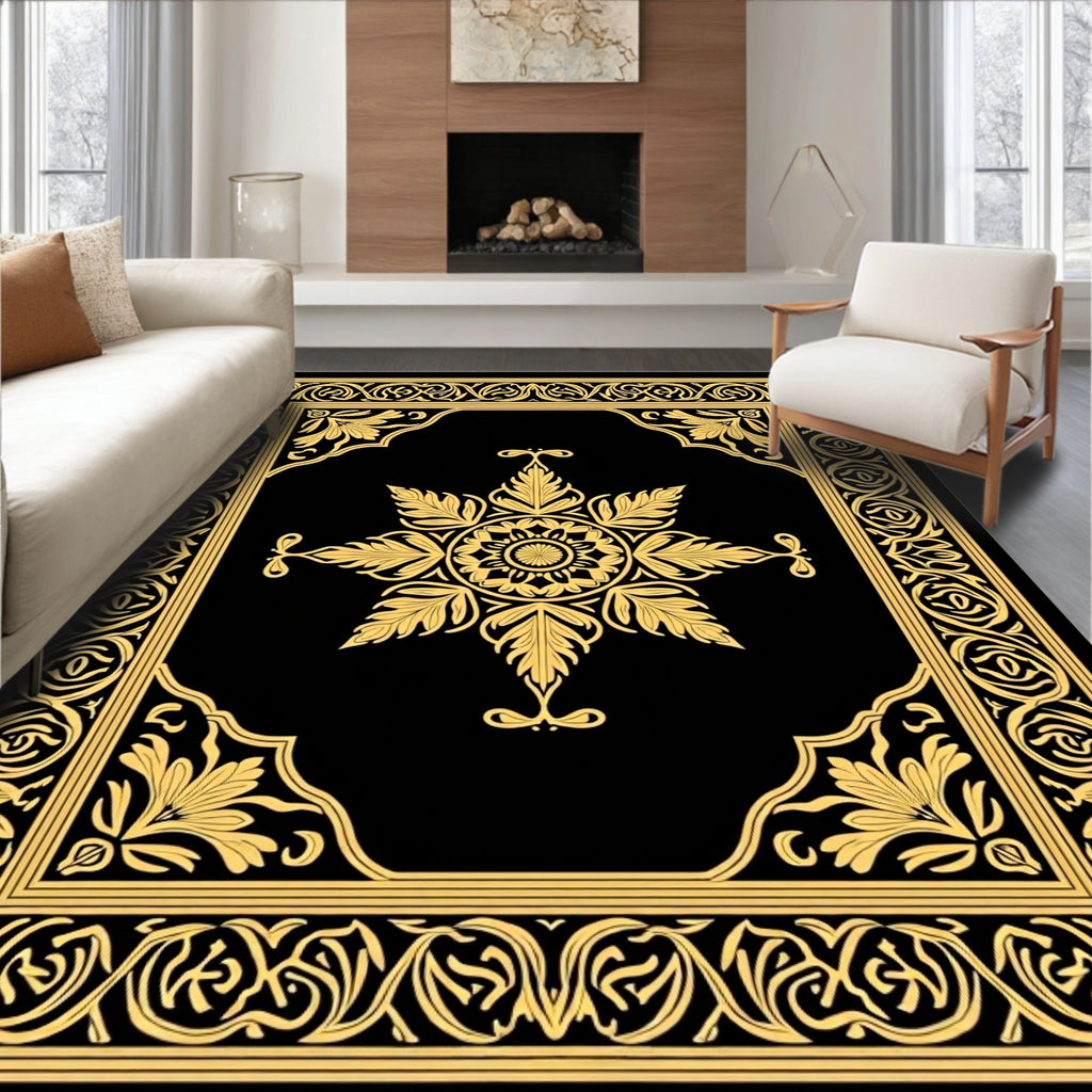 Elegant Gold Ornate Floral Design Rug