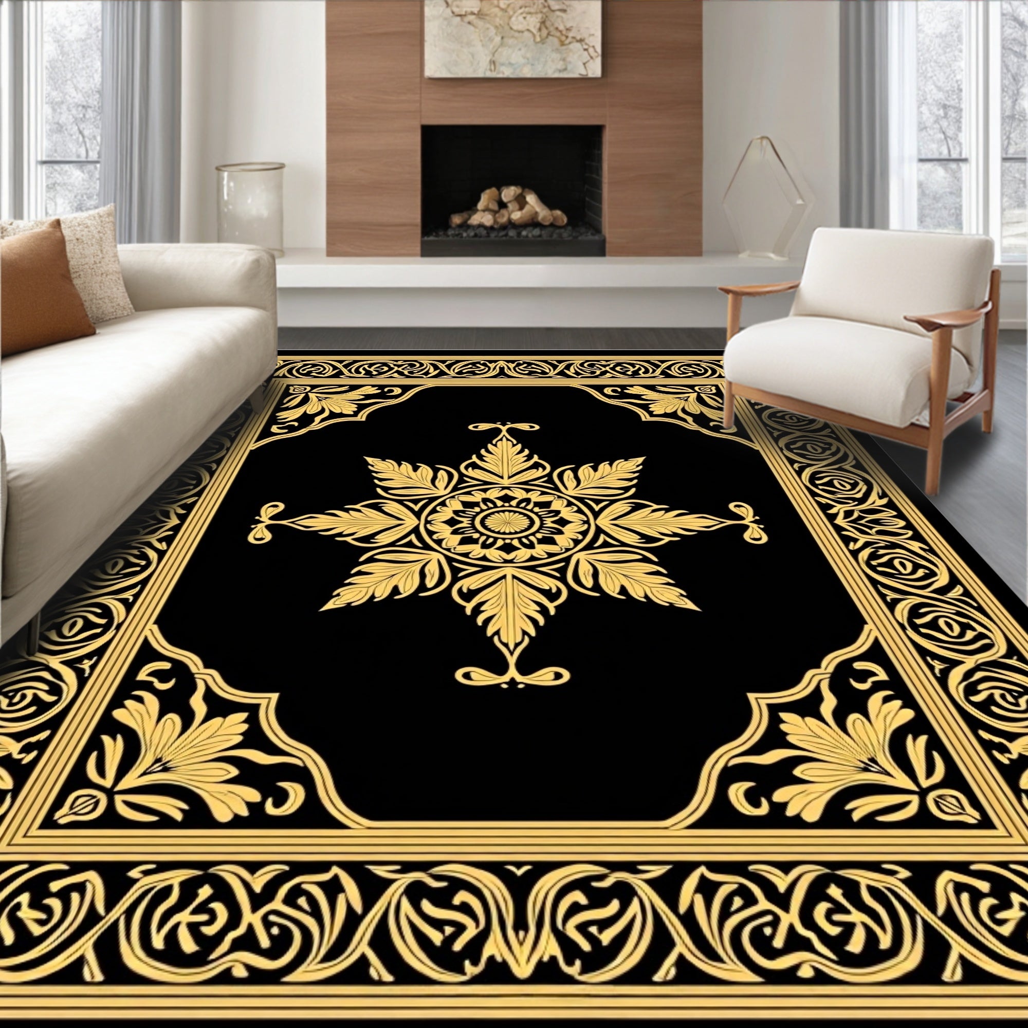 Elegant Gold Ornate Floral Design Rug
