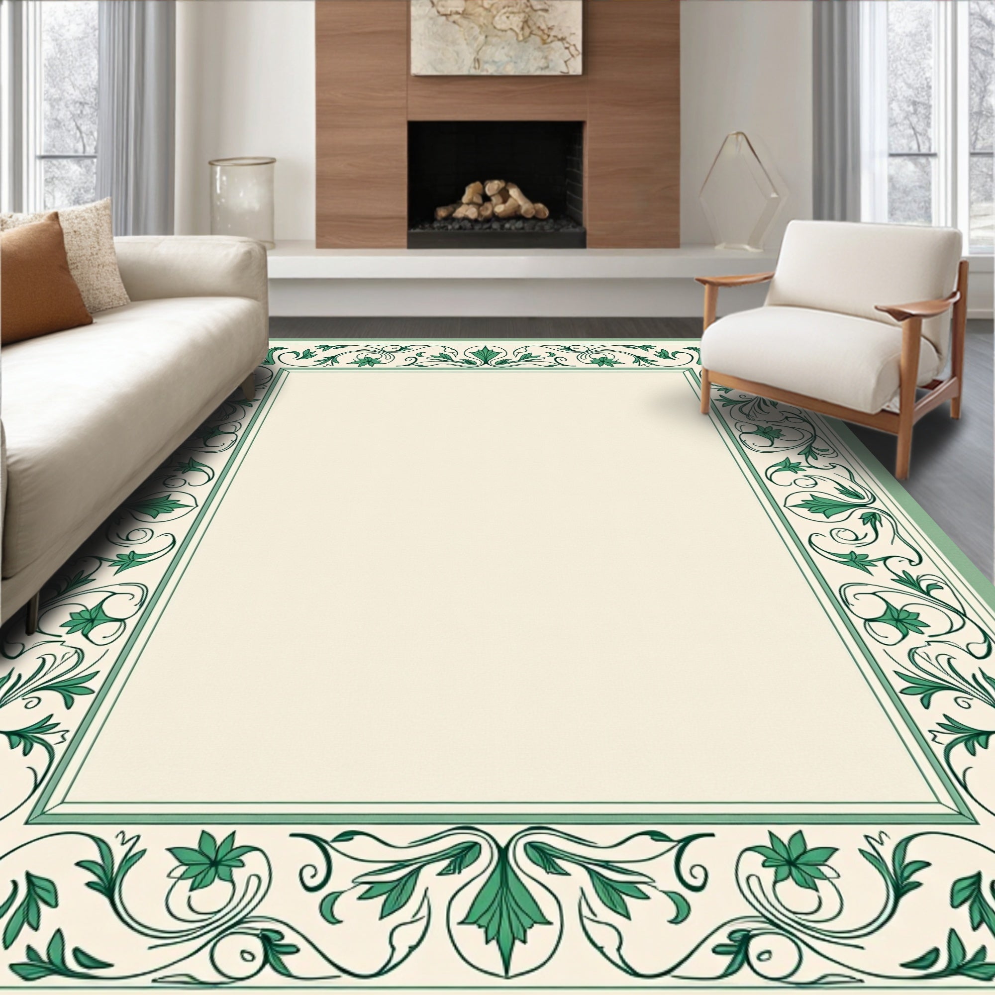 Classic Green Floral Vine Pattern Rug