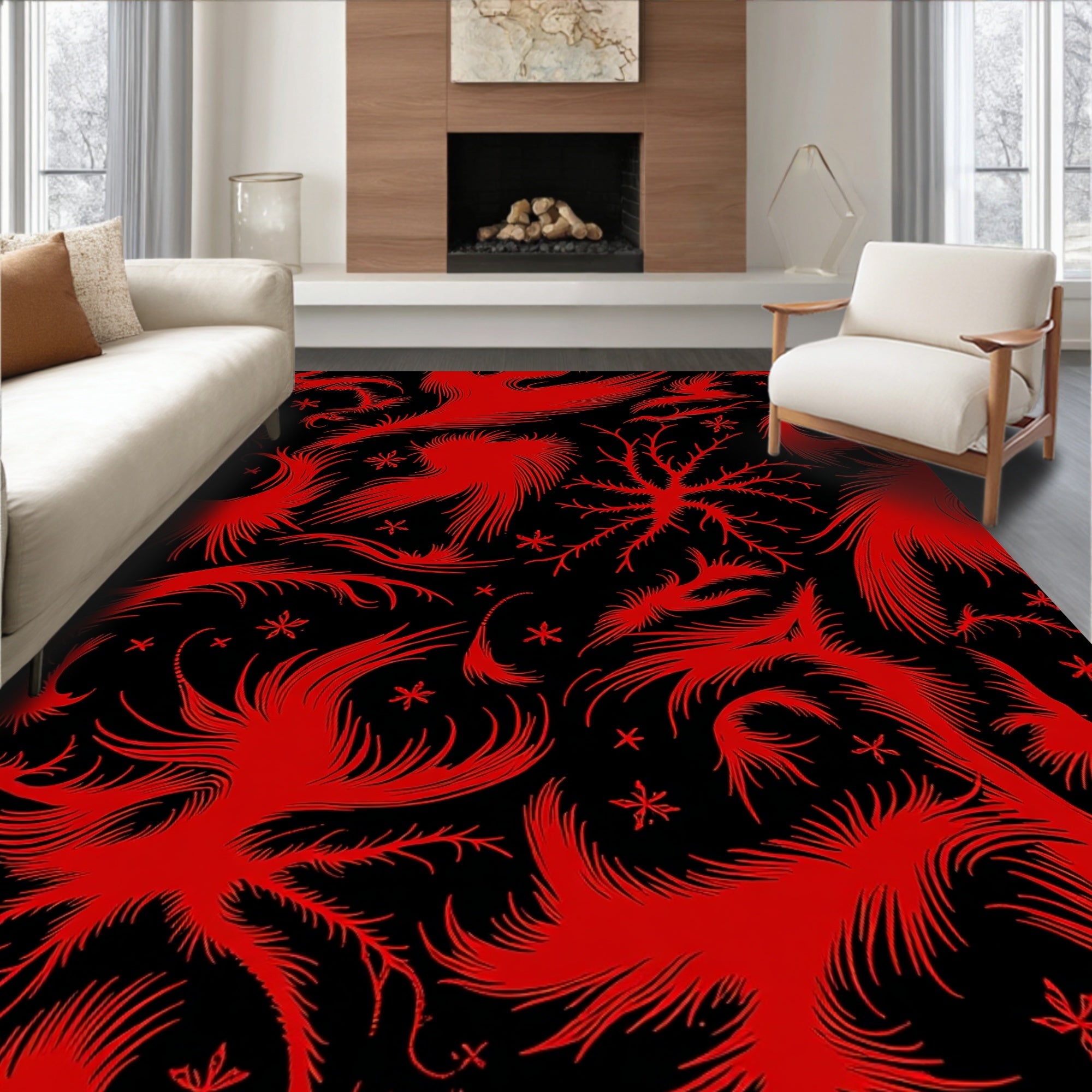 Abstract Red Feather Swirl Pattern Rug