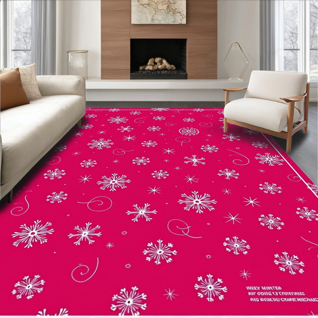 Festive White Snowflake Pink Background Rug