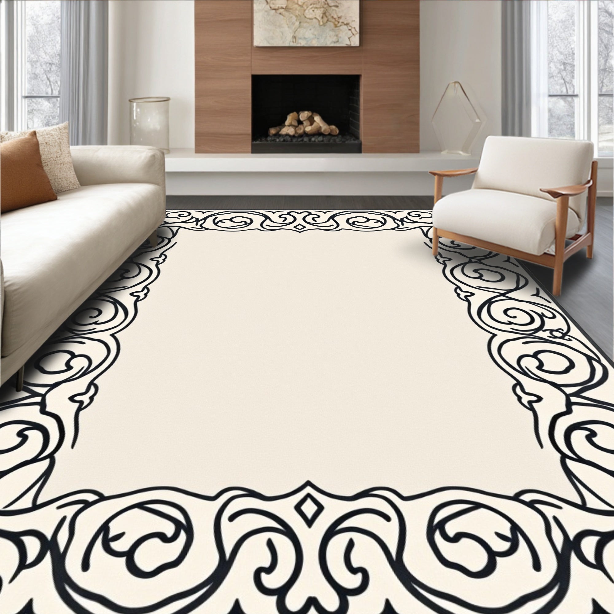 Classical Scrollwork Ornamental Border Design Rug