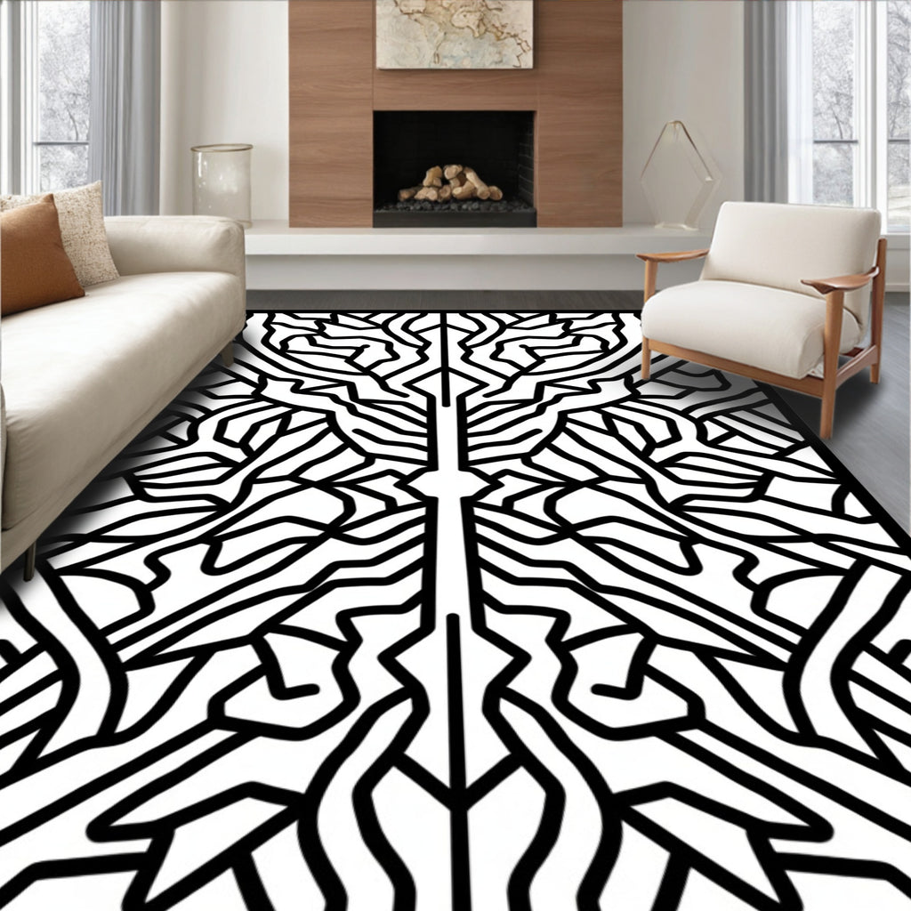 Abstract Black White Organic Lines Rug