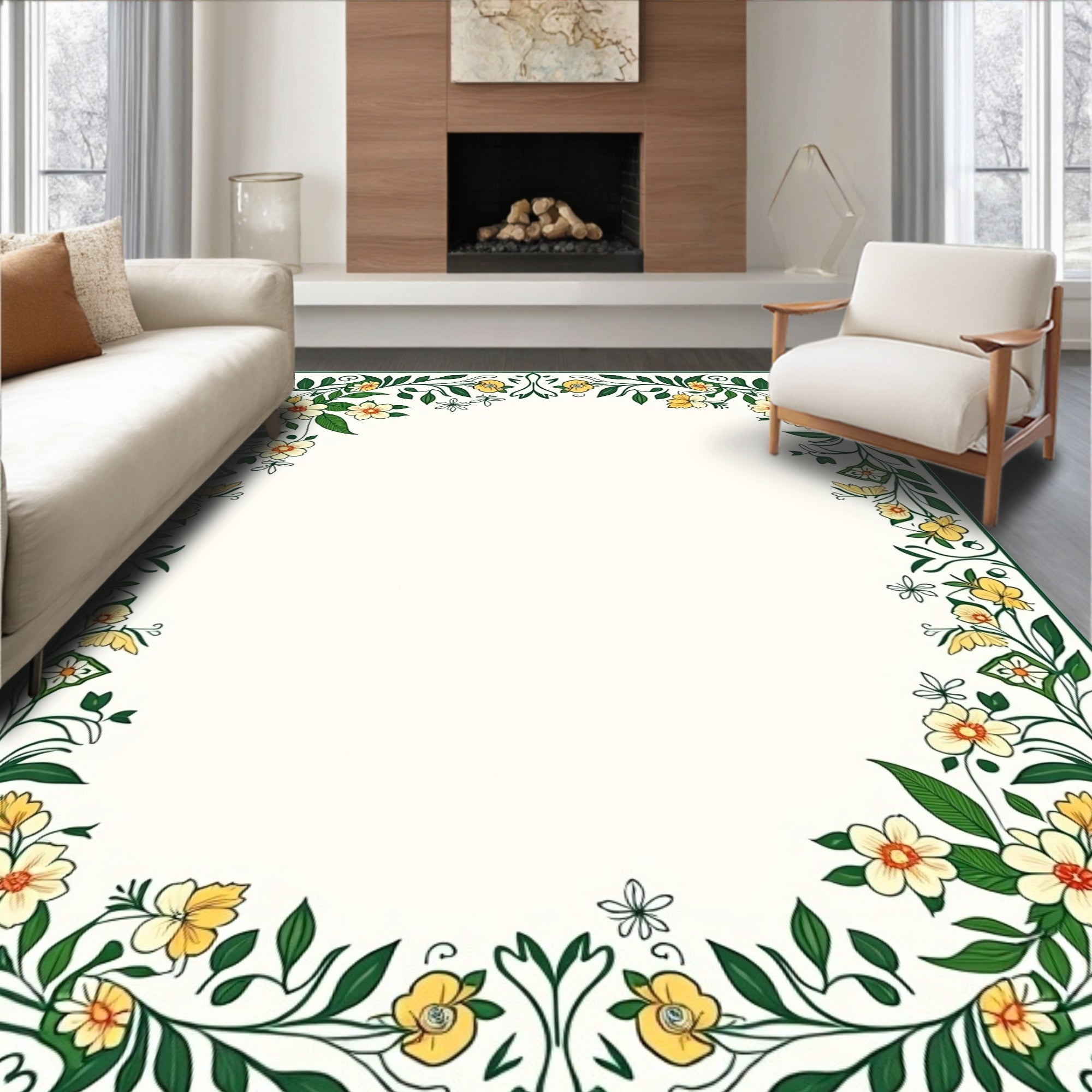 Whimsical Yellow Floral Vine Pattern Rug