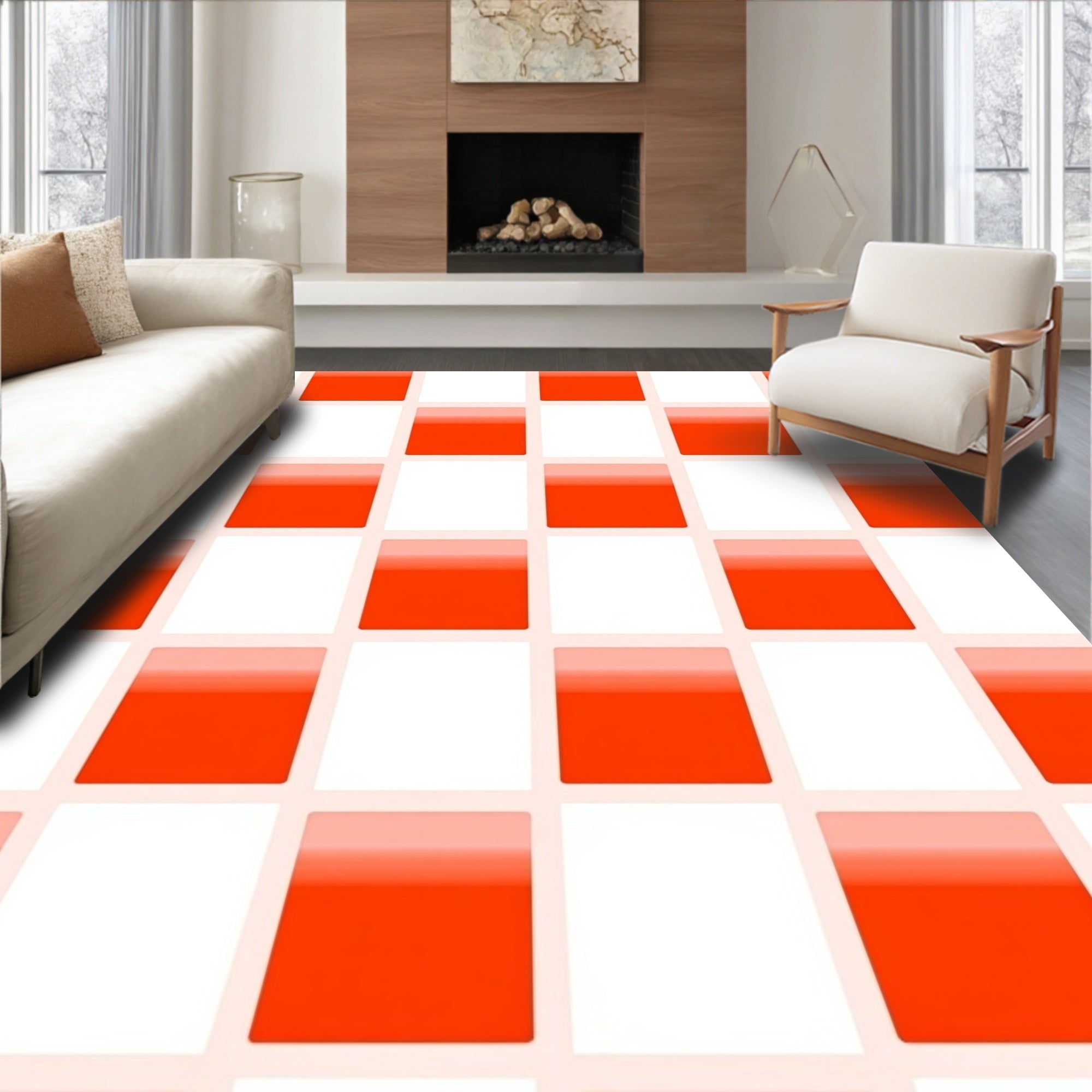 Orange White Checkerboard Glossy Pattern Rug
