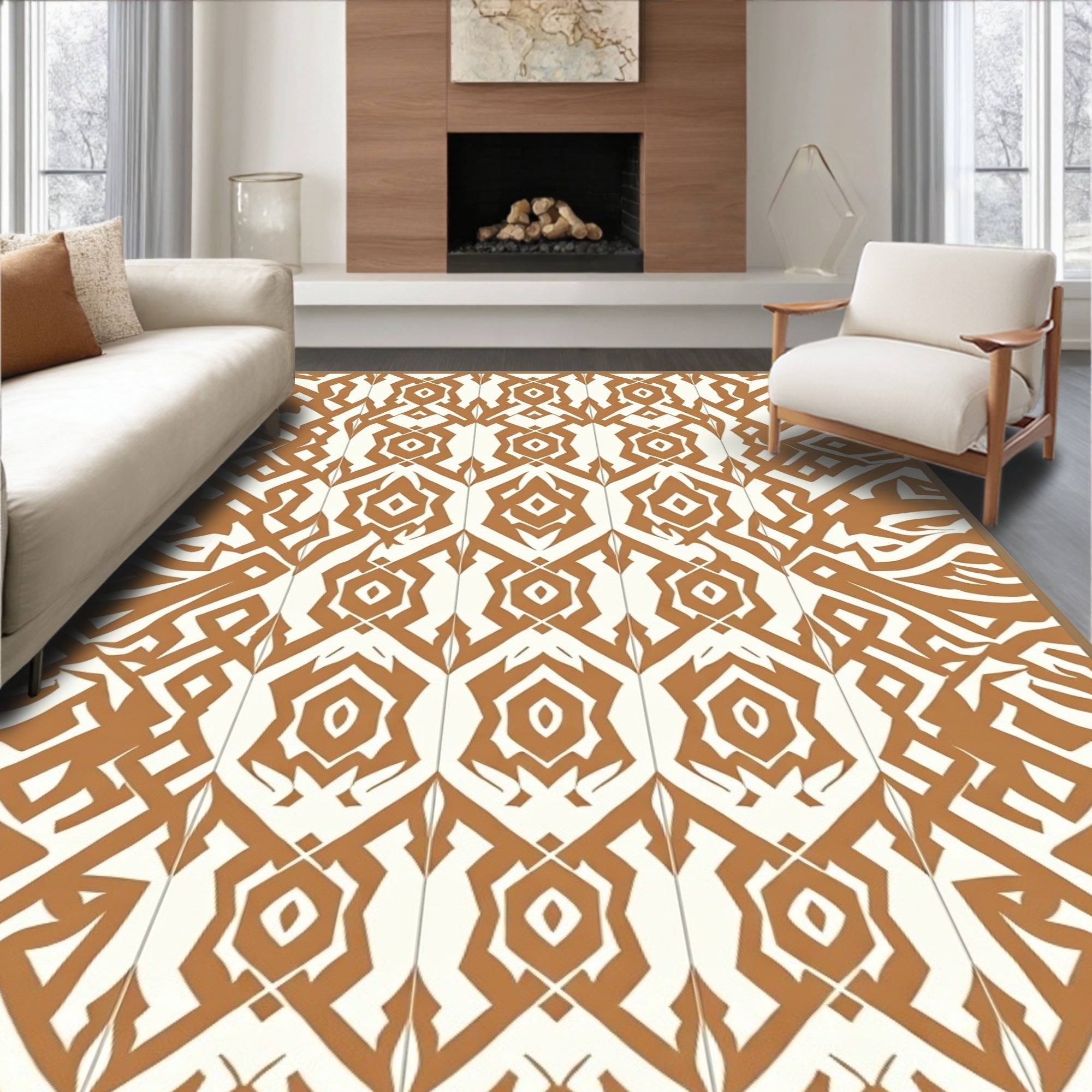 Geometric Amber And Cream Pattern Rug