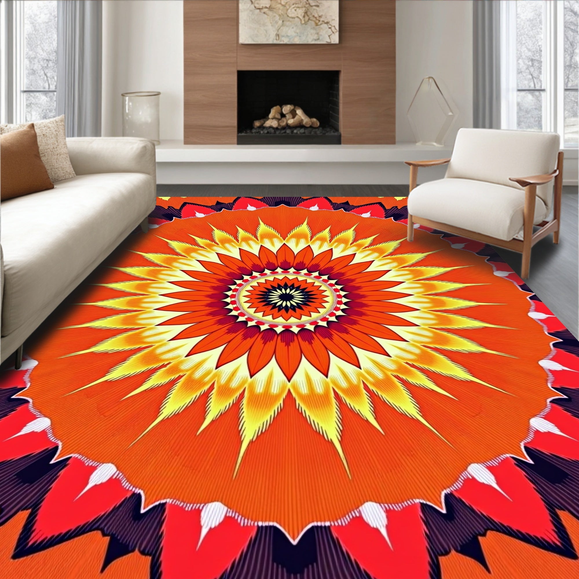 Radiant Floral Sunburst Mandala Rug