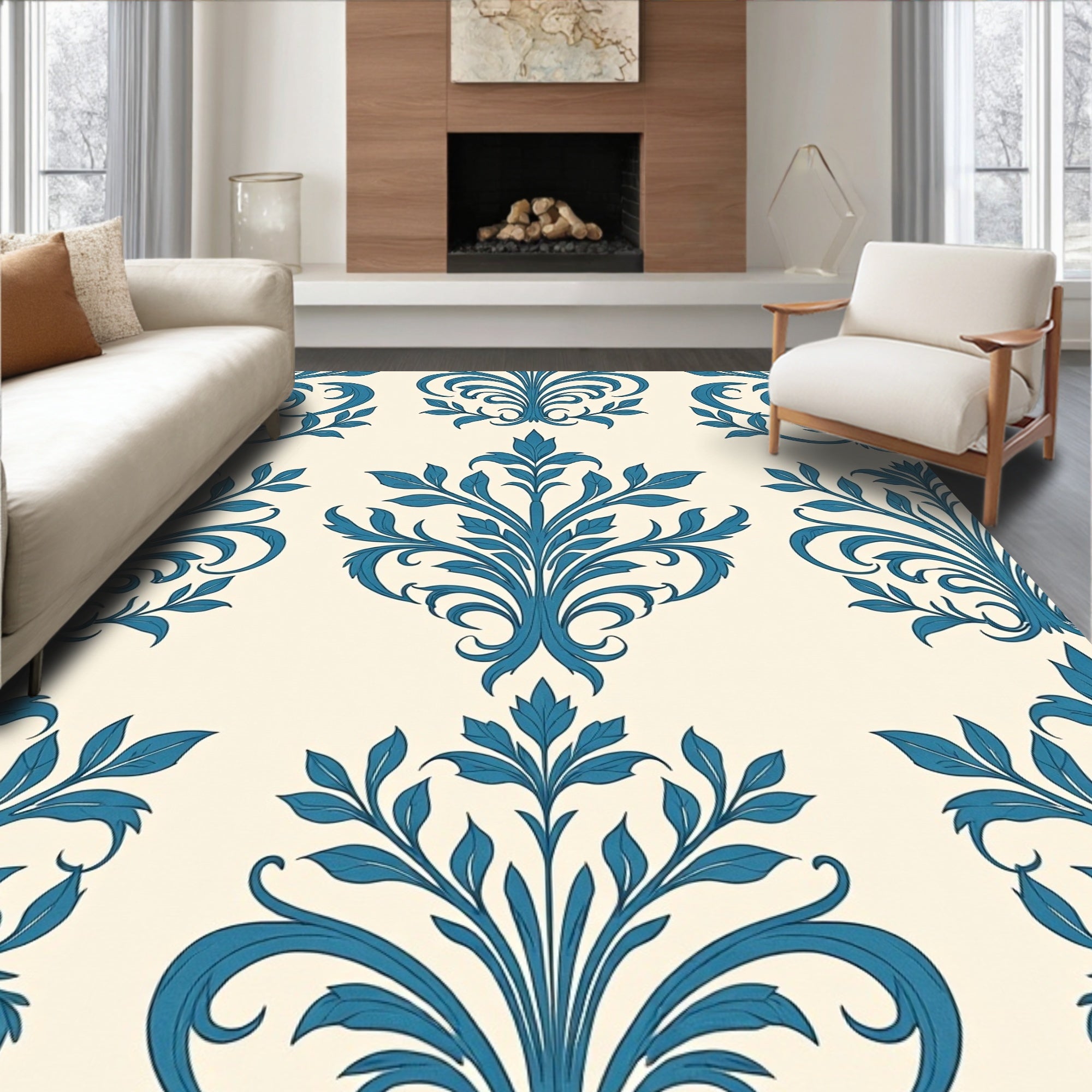 Classic Blue Floral Damask Pattern Rug