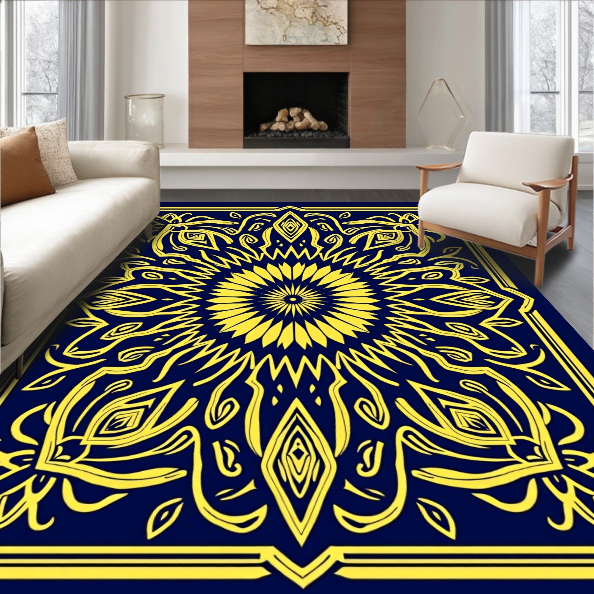 Yellow Floral Mandala Pattern Rug