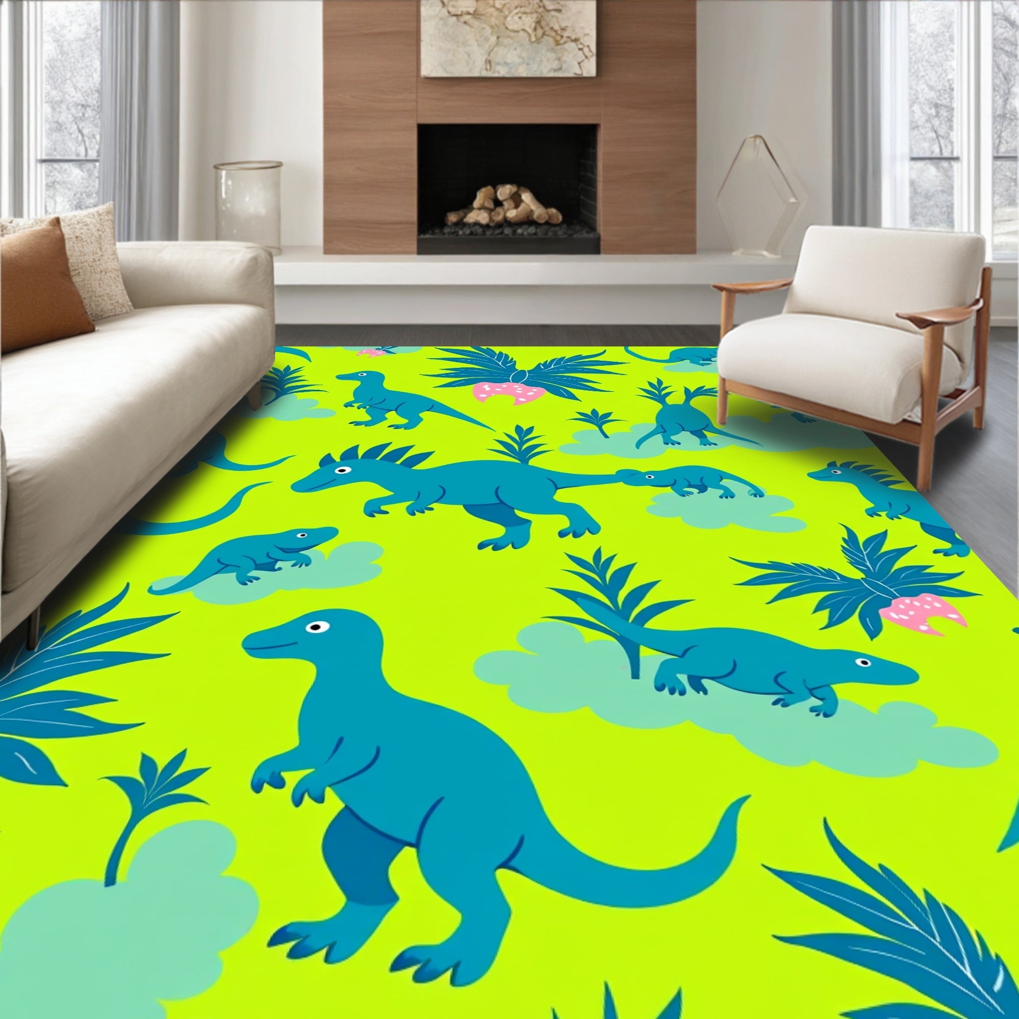 Cute Teal Dinosaur Tropical Pattern Rug