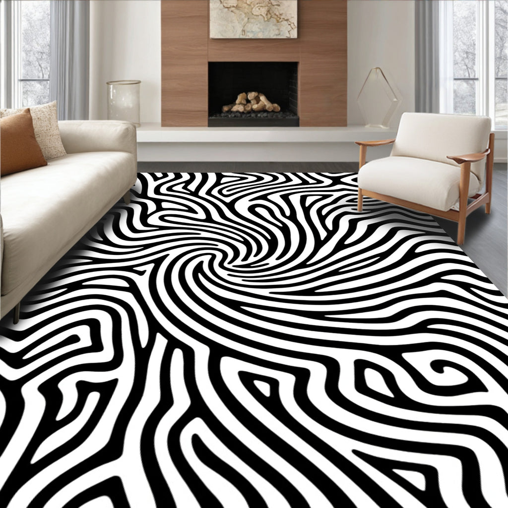 Swirling Linear Black White Pattern Rug