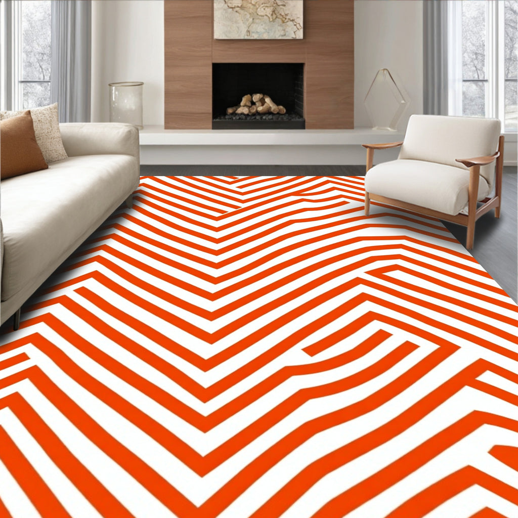 Red White Interlocking Linear Design Rug